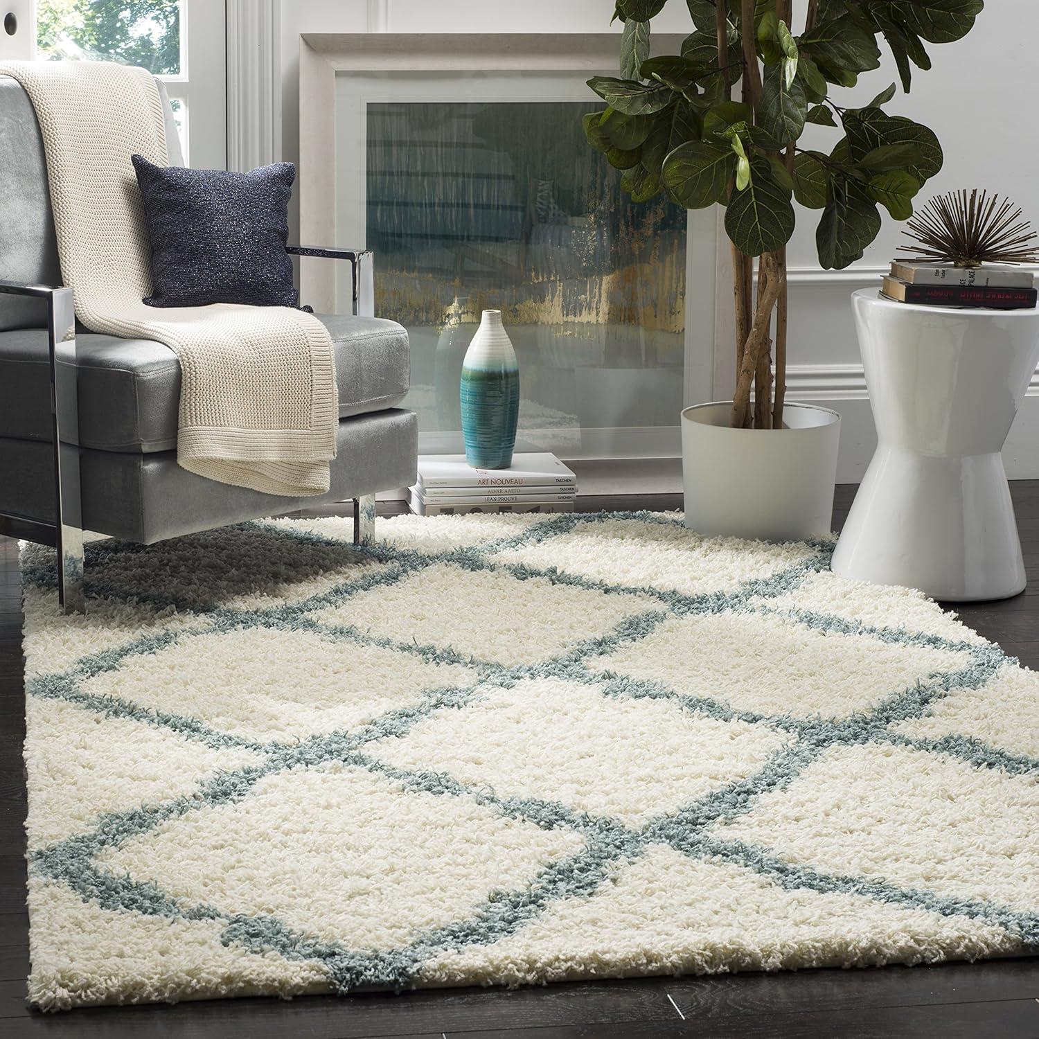 image:imageSAFAVIEH Area Rug 8x10 Dallas Shag Collection Large Ivory amp Beige Trellis Pattern NonShedding amp Easy Cleaning Plush Thick Pile Ideal for Living Room Bedroom Dining Space SGD257BIvoryLight Blue