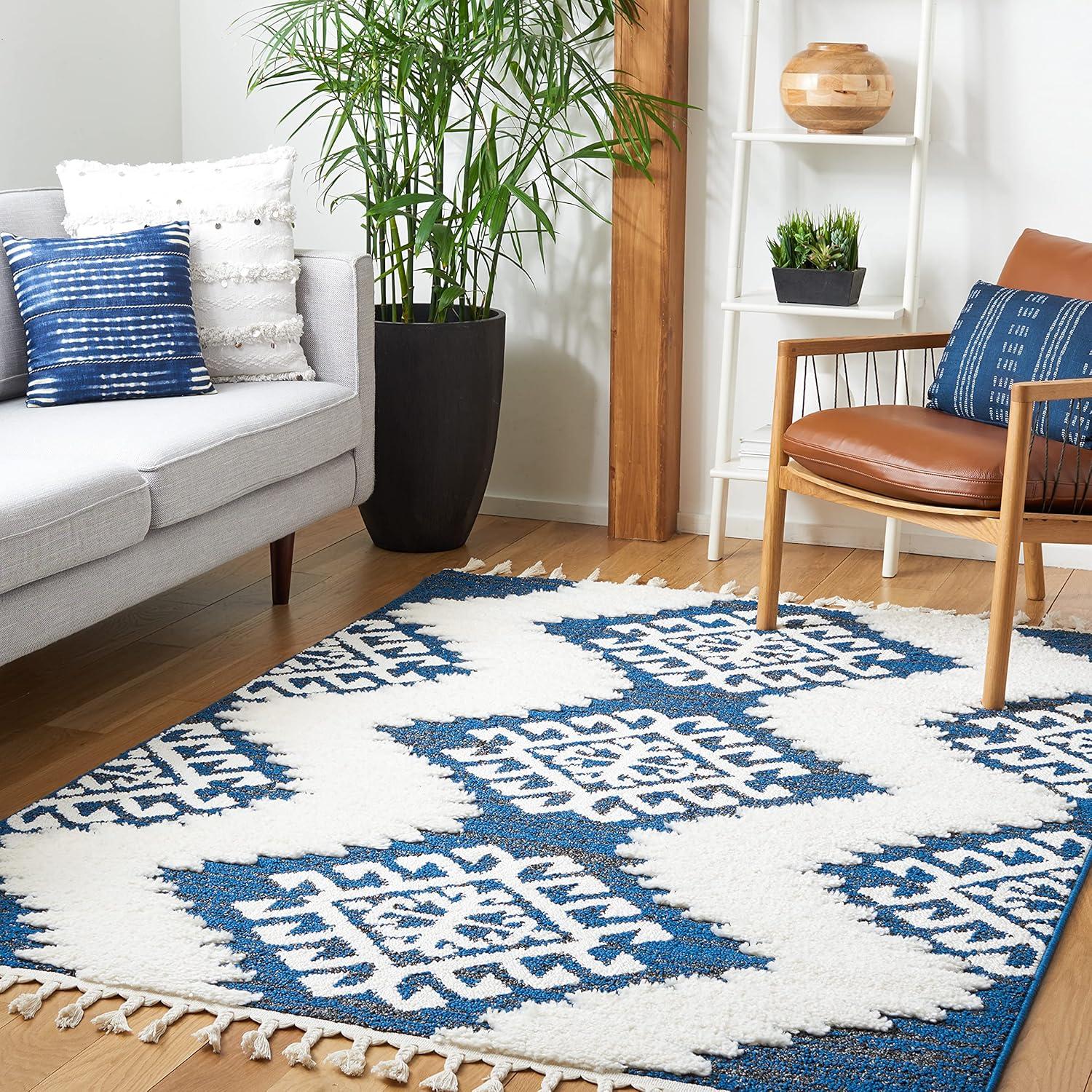 image:imageSAFAVIEH Area Rug 8x10 Moroccan Tassel Shag Collection Large Ivory amp Brown Boho Design NonShedding amp Easy Cleaning Plush Pile Ideal for Living Room Bedroom Dining Space MTS652ANavyIvory