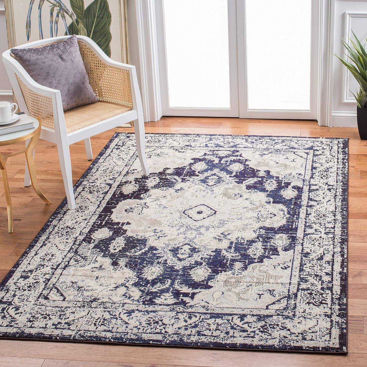 image:imageSAFAVIEH Monaco Collection Area Rug 8 x 11 Violet amp Light Blue NonShedding amp Easy to Clean Distressed Medallion Design Ideal for Living Room Bedroom Dining Space MNC243LIvoryNavy