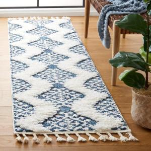 SAFAVIEH Area Rug 8×10 – Moroccan Tassel Shag Collection – Large – Ivory & Brown, Boho Design, Non-Shedding & Easy Cleaning, Plush Pile, Ideal for Living Room, Bedroom, Dining Space (MTS652A)(Blue/Ivory)