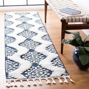 SAFAVIEH Area Rug 8×10 – Moroccan Tassel Shag Collection – Large – Ivory & Brown, Boho Design, Non-Shedding & Easy Cleaning, Plush Pile, Ideal for Living Room, Bedroom, Dining Space (MTS652A)(Navy/Ivory)
