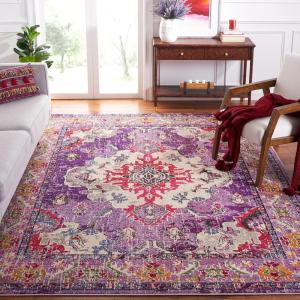 SAFAVIEH Monaco Collection Area Rug – 8′ x 11′, Violet & Light Blue, Non-Shedding & Easy to Clean, Distressed Medallion Design, Ideal for Living Room, Bedroom, Dining Space (MNC243L)(Violet/Fuchsia)
