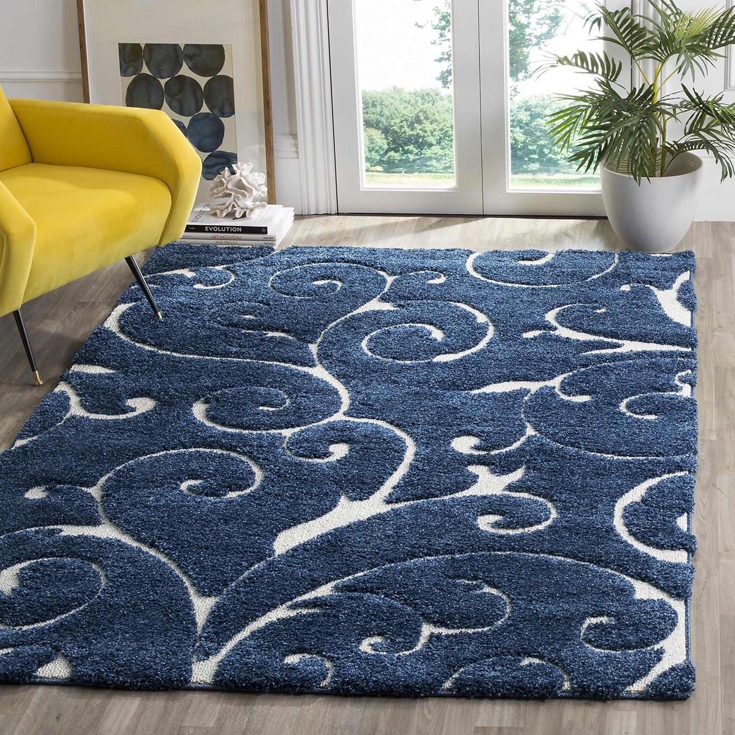 image:imageSAFAVIEH Area Rug 8x10 Florida Shag Collection Large Cream amp Blue Scroll Design NonShedding amp Easy to Clean HighLow Plush Pile Ideal for Living Room Bedroom Dining Space SG4551165Dark BlueCream