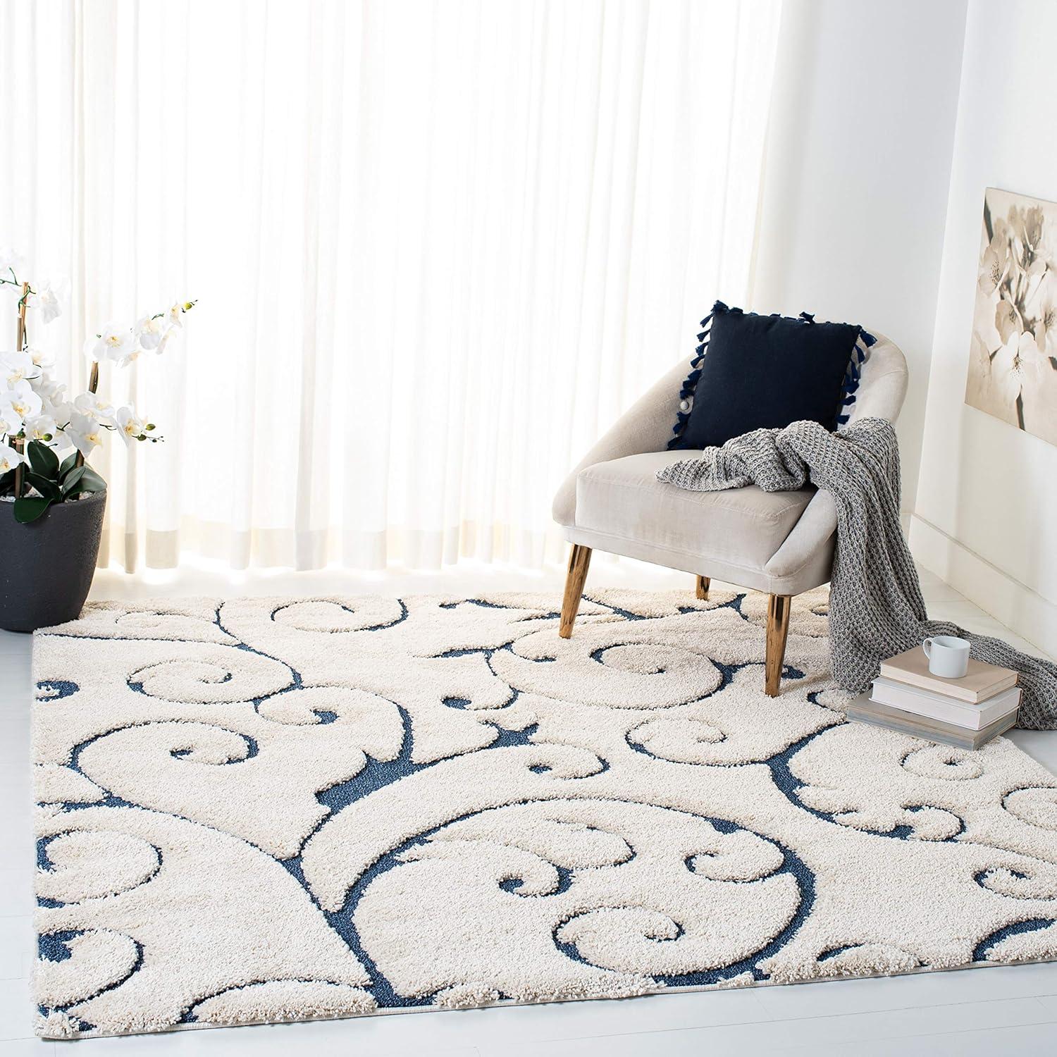 image:imageSAFAVIEH Area Rug 8x10 Florida Shag Collection Large Cream amp Blue Scroll Design NonShedding amp Easy to Clean HighLow Plush Pile Ideal for Living Room Bedroom Dining Space SG4551165CreamBlue
