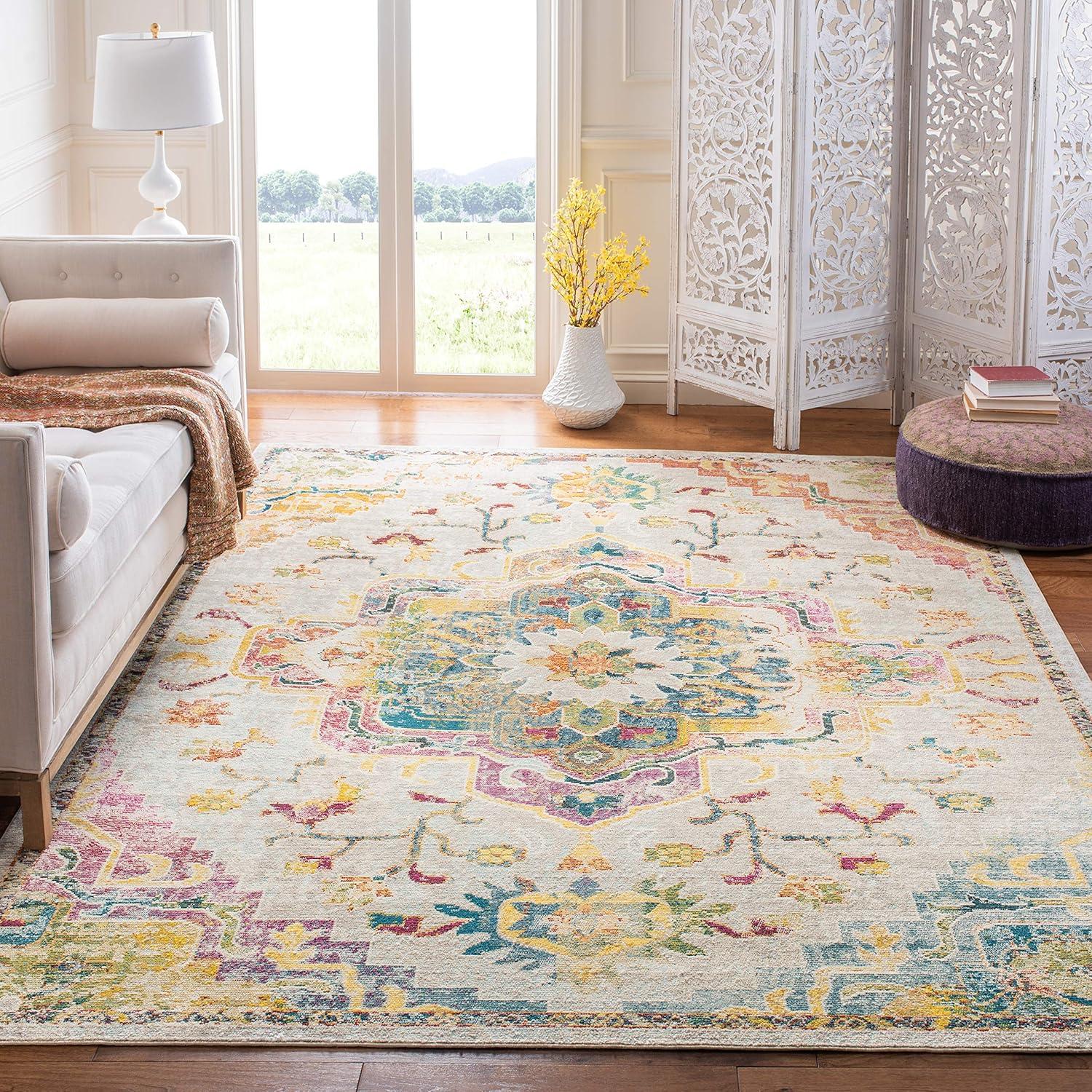 image:imageSAFAVIEH Crystal Collection Area Rug 8 x 10 Teal amp Rose Medallion Distressed Design NonShedding amp Easy Care Ideal for High Traffic Areas in Living Room Bedroom CRS501TLight BlueGrey
