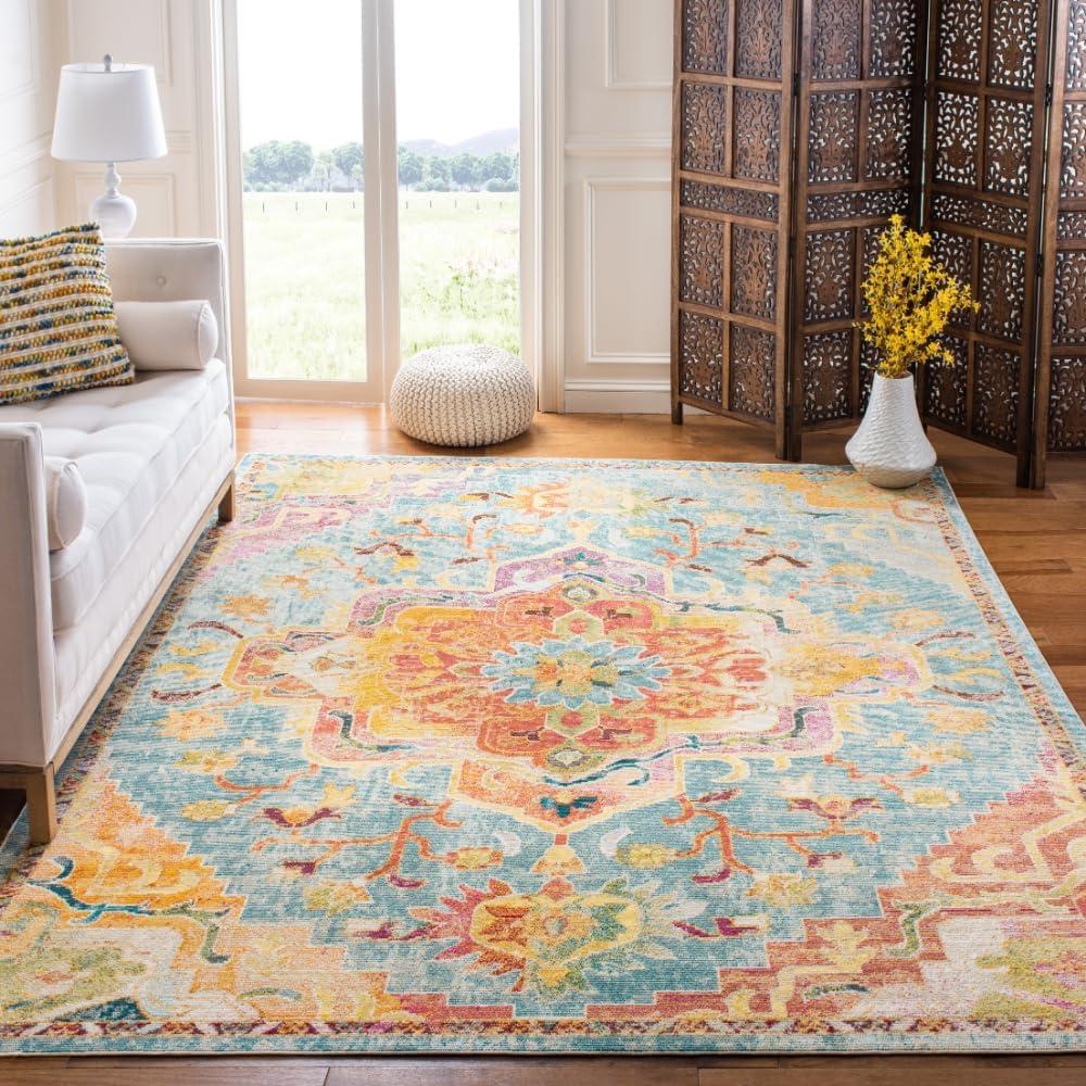 image:imageSAFAVIEH Crystal Collection Area Rug 8 x 10 Teal amp Rose Medallion Distressed Design NonShedding amp Easy Care Ideal for High Traffic Areas in Living Room Bedroom CRS501TOrangeTeal