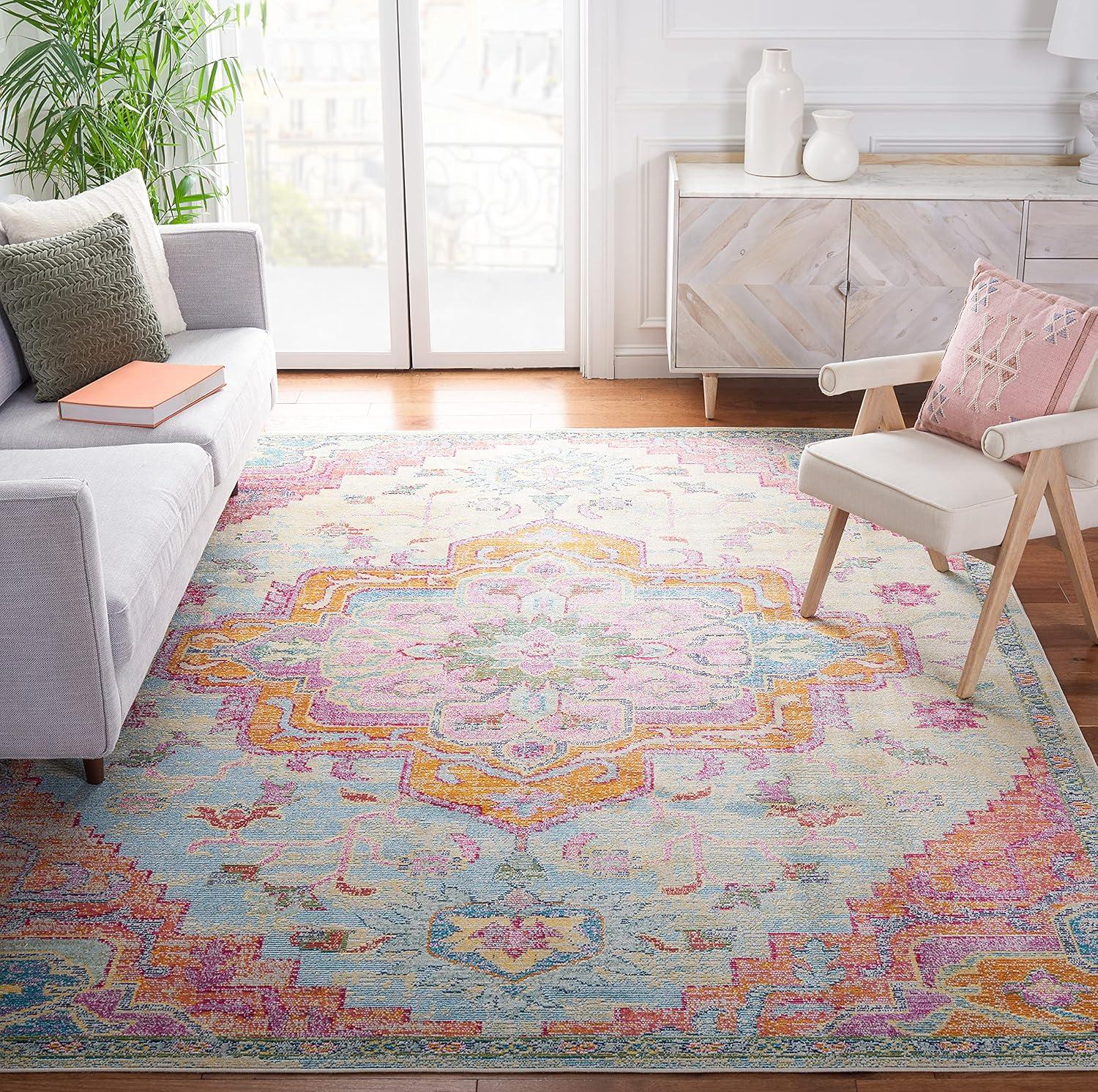 image:imageSAFAVIEH Crystal Collection Area Rug 8 x 10 Teal amp Rose Medallion Distressed Design NonShedding amp Easy Care Ideal for High Traffic Areas in Living Room Bedroom CRS501TLight BlueFuchsia