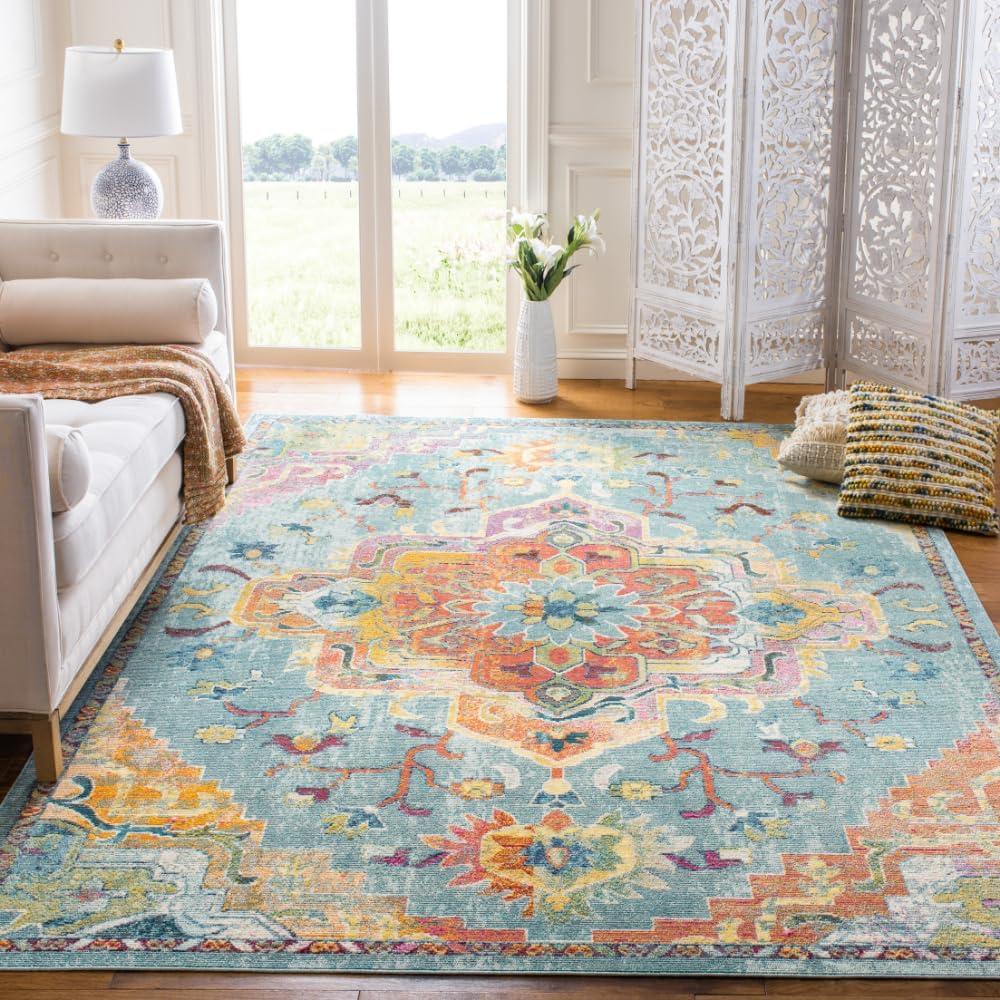 image:imageSAFAVIEH Crystal Collection Area Rug 8 x 10 Teal amp Rose Medallion Distressed Design NonShedding amp Easy Care Ideal for High Traffic Areas in Living Room Bedroom CRS501TTealOrange