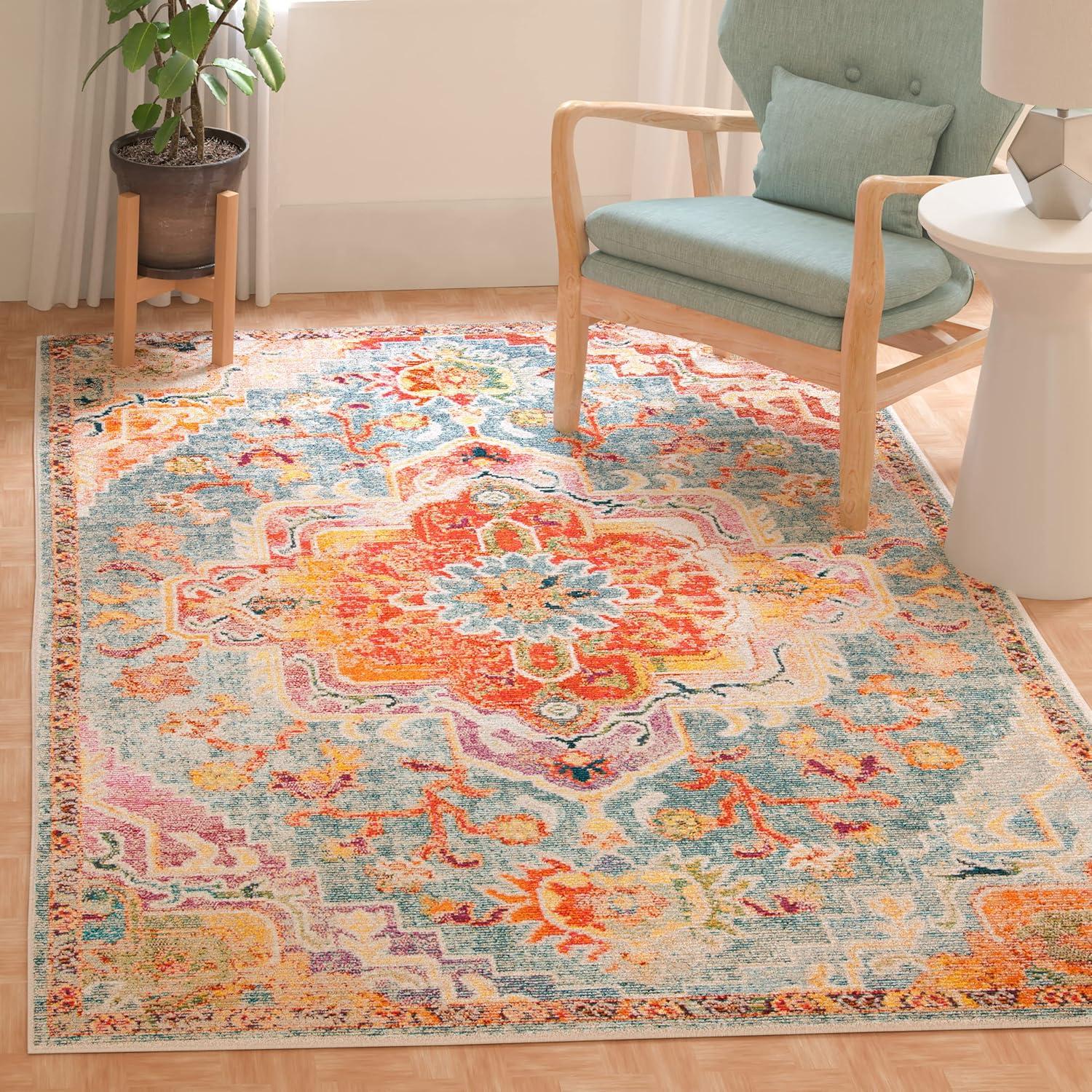 image:imageSAFAVIEH Crystal Collection Area Rug 8 x 10 Teal amp Rose Medallion Distressed Design NonShedding amp Easy Care Ideal for High Traffic Areas in Living Room Bedroom CRS501TOrangeTeal