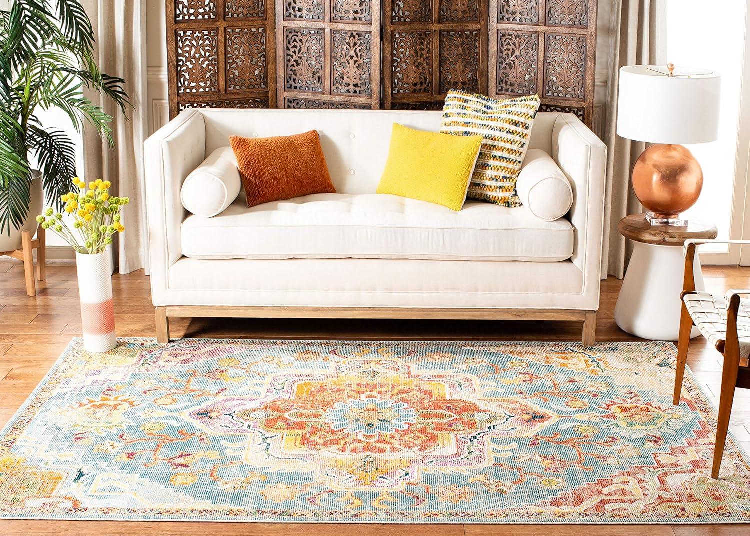 image:imageSAFAVIEH Crystal Collection Area Rug 8 x 10 Teal amp Rose Medallion Distressed Design NonShedding amp Easy Care Ideal for High Traffic Areas in Living Room Bedroom CRS501TOrangeTeal