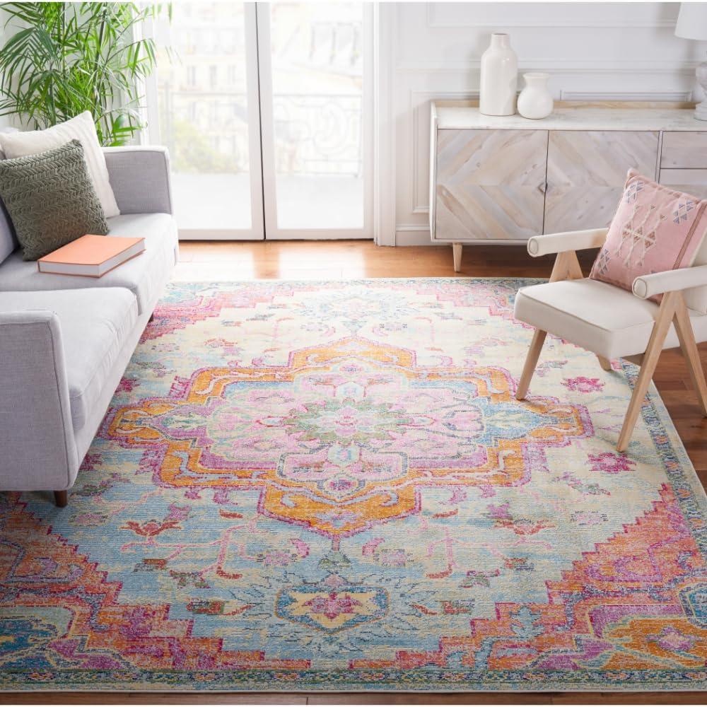 image:imageSAFAVIEH Crystal Collection Area Rug 8 x 10 Teal amp Rose Medallion Distressed Design NonShedding amp Easy Care Ideal for High Traffic Areas in Living Room Bedroom CRS501TLight BlueFuchsia