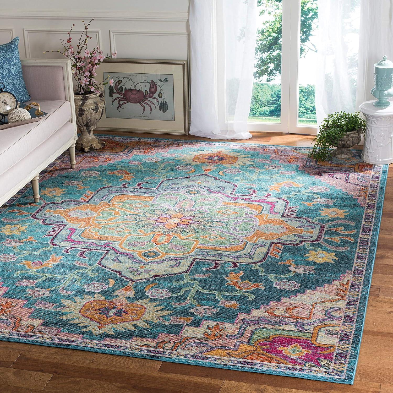 image:imageSAFAVIEH Crystal Collection Area Rug 8 x 10 Teal amp Rose Medallion Distressed Design NonShedding amp Easy Care Ideal for High Traffic Areas in Living Room Bedroom CRS501TTealRose