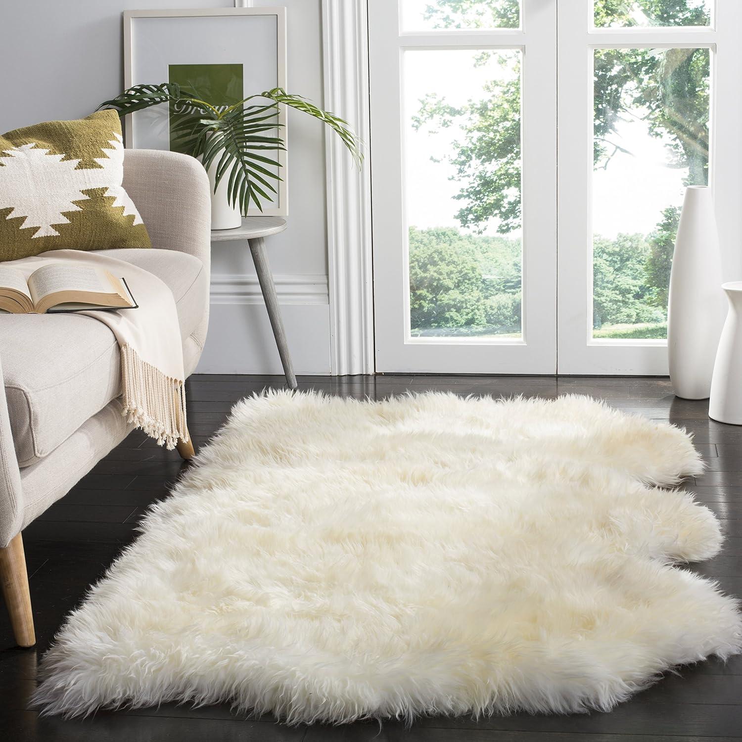 image:imageSAFAVIEH Sheep Skin Collection Accent Rug 4 x 6 Natural amp White Handmade Rustic Glam Genuine Pelt 34inch Thick Ideal for High Traffic Areas in Entryway Living Room Bedroom SHS211ANaturalWhite