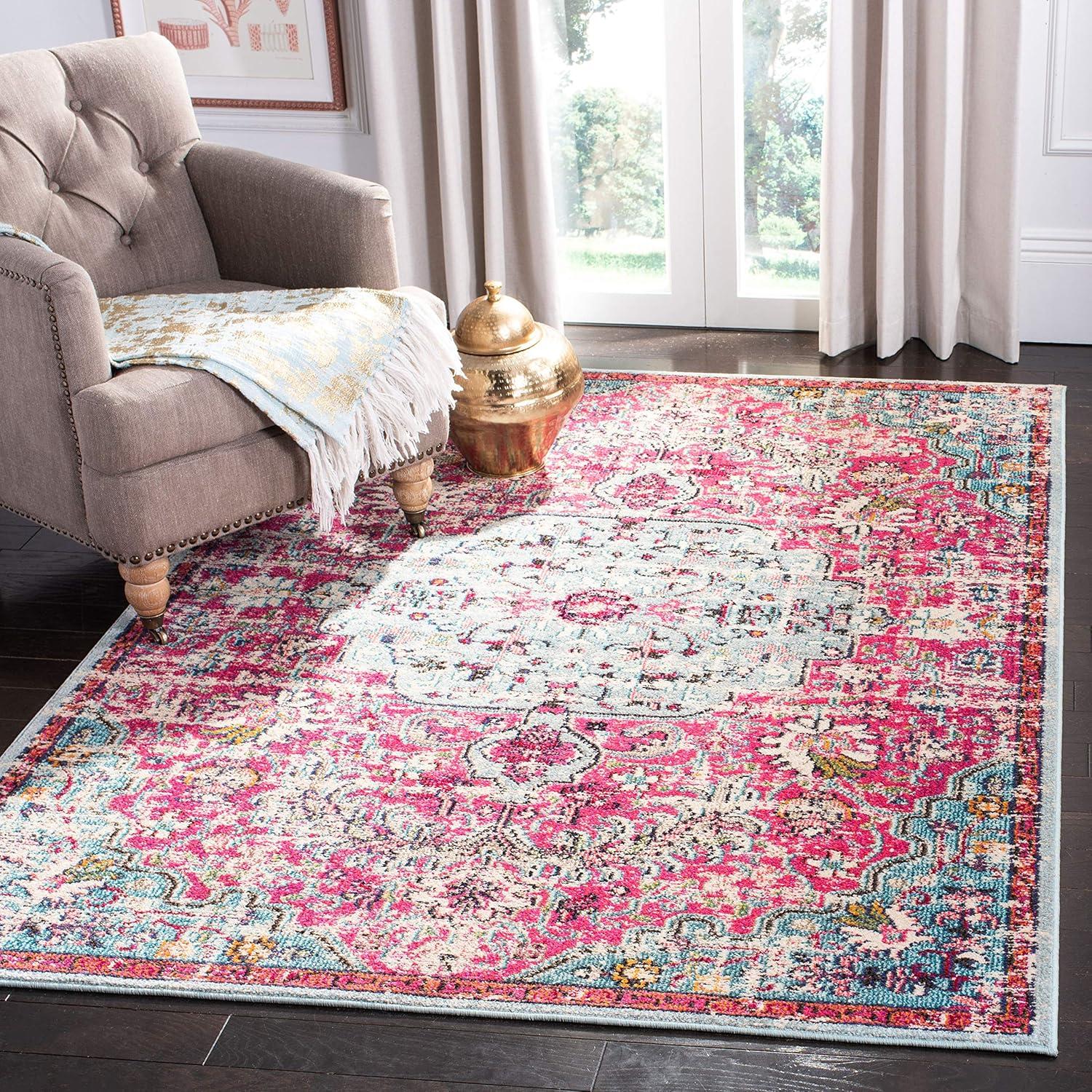 image:imageSAFAVIEH Area Rug 8x10 Madison Collection Large Ivory amp Orange Boho Chic Medallion Distressed Design NonShedding amp Easy Cleaning Ideal for Living Room Bedroom Dining Space MAD447AFuchsiaTeal