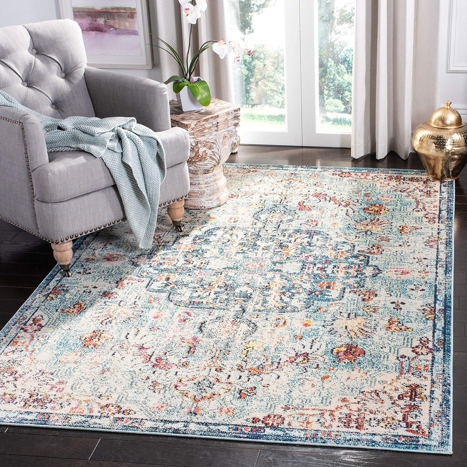 image:imageSAFAVIEH Area Rug 8x10 Madison Collection Large Ivory amp Orange Boho Chic Medallion Distressed Design NonShedding amp Easy Cleaning Ideal for Living Room Bedroom Dining Space MAD447ANavyLight Blue