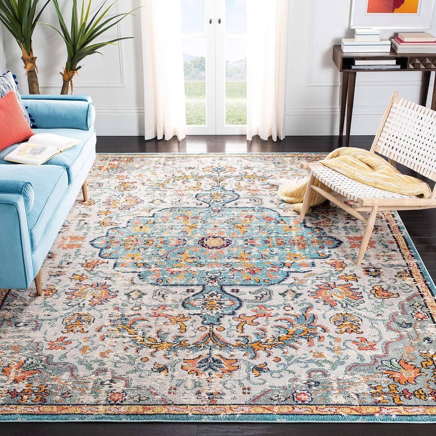 image:imageSAFAVIEH Area Rug 8x10 Madison Collection Large Ivory amp Orange Boho Chic Medallion Distressed Design NonShedding amp Easy Cleaning Ideal for Living Room Bedroom Dining Space MAD447AGreyLight Blue