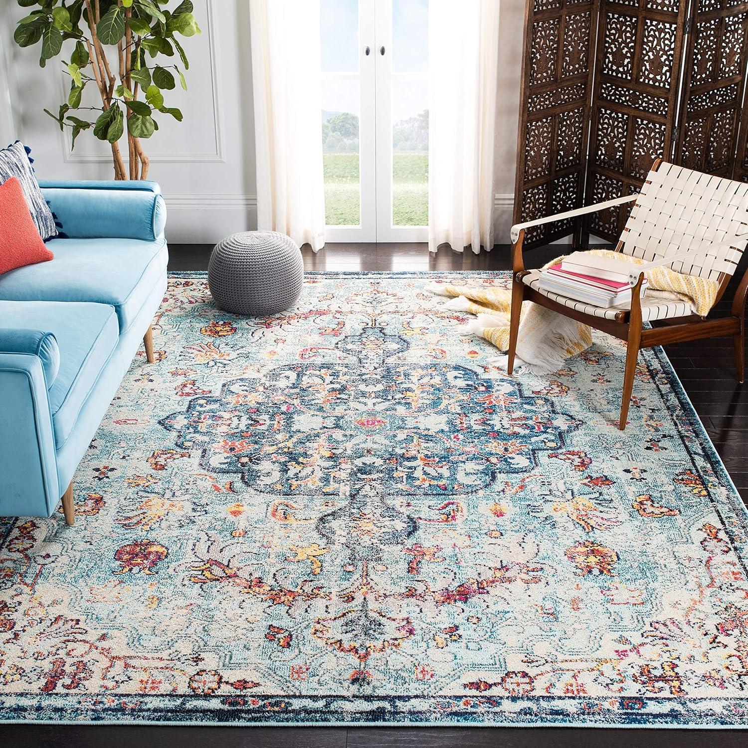 image:imageSAFAVIEH Area Rug 8x10 Madison Collection Large Ivory amp Orange Boho Chic Medallion Distressed Design NonShedding amp Easy Cleaning Ideal for Living Room Bedroom Dining Space MAD447ANavyLight Blue