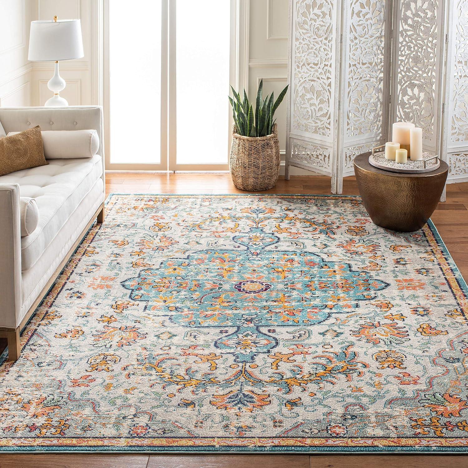 image:imageSAFAVIEH Area Rug 8x10 Madison Collection Large Ivory amp Orange Boho Chic Medallion Distressed Design NonShedding amp Easy Cleaning Ideal for Living Room Bedroom Dining Space MAD447AGreyLight Blue
