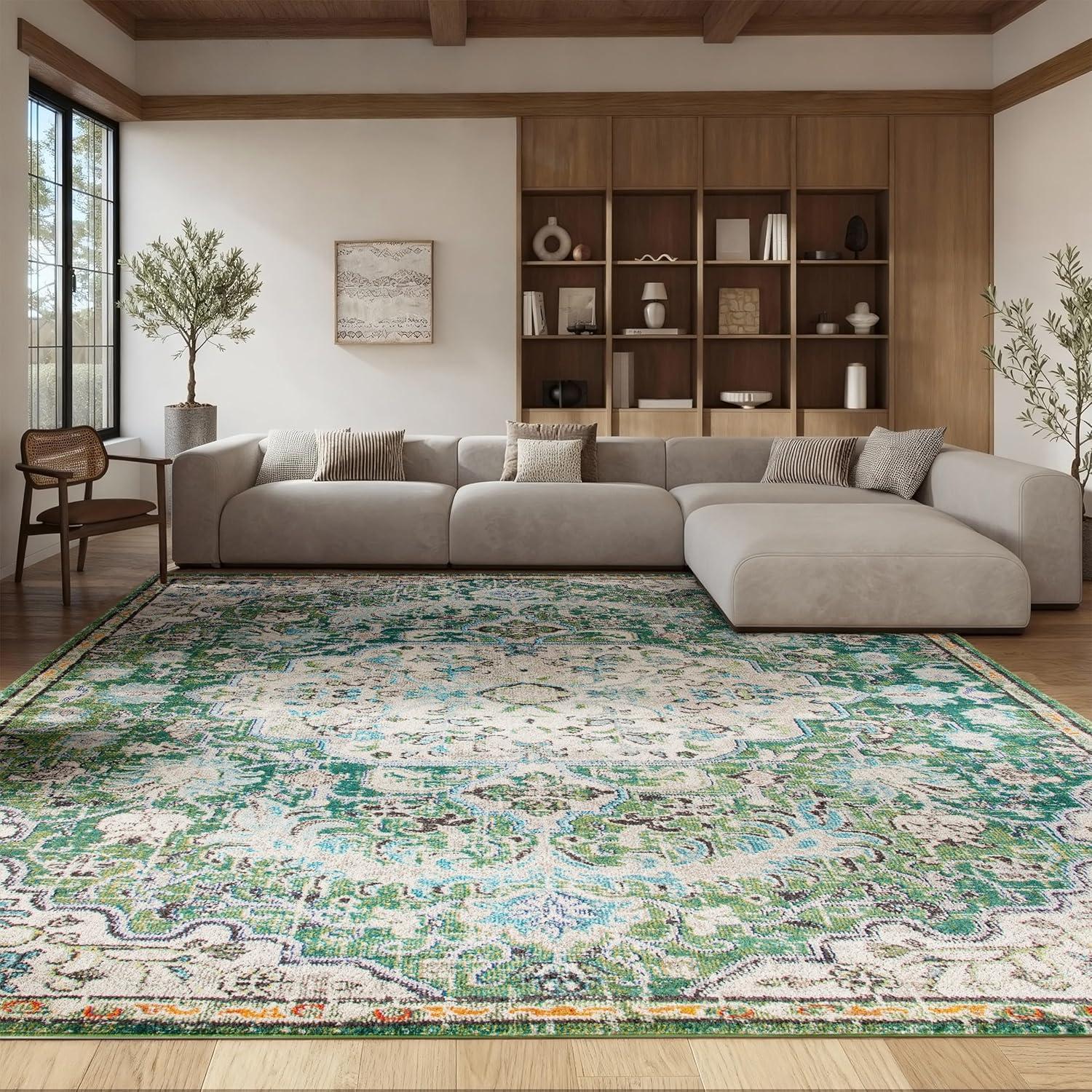 image:imageSAFAVIEH Area Rug 8x10 Madison Collection Large Ivory amp Orange Boho Chic Medallion Distressed Design NonShedding amp Easy Cleaning Ideal for Living Room Bedroom Dining Space MAD447AGreenTurquoise