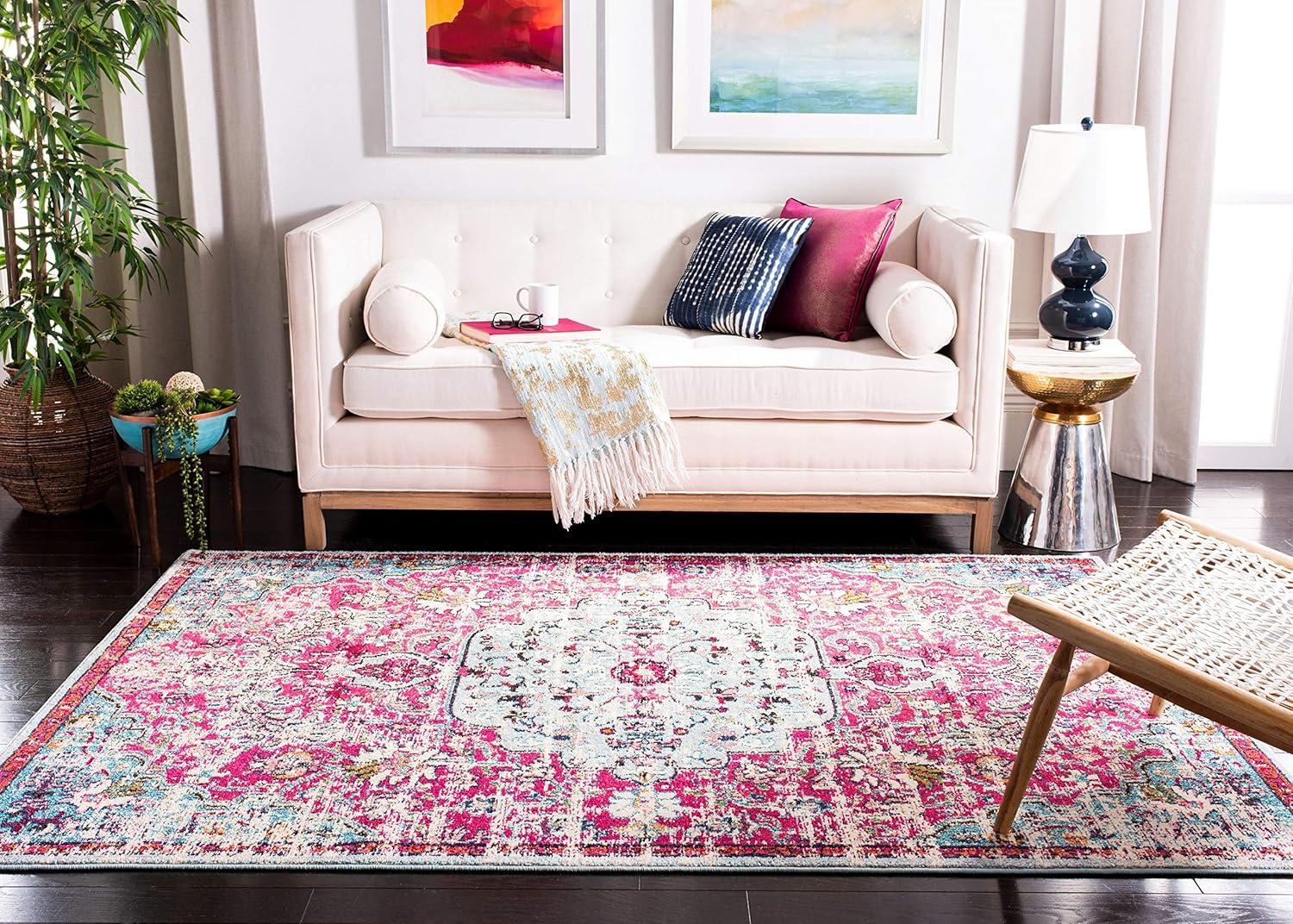 image:imageSAFAVIEH Area Rug 8x10 Madison Collection Large Ivory amp Orange Boho Chic Medallion Distressed Design NonShedding amp Easy Cleaning Ideal for Living Room Bedroom Dining Space MAD447AFuchsiaTeal