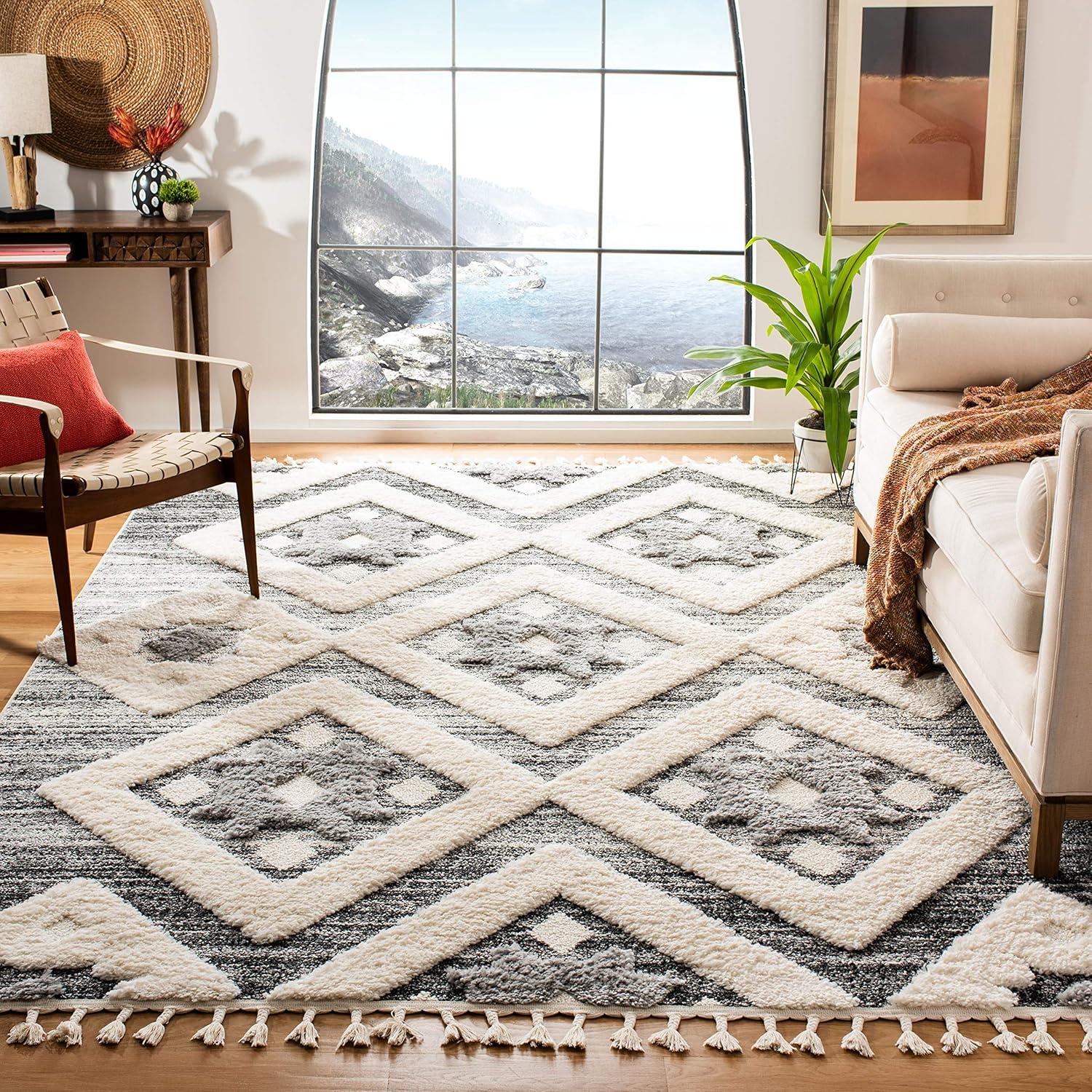 image:imageSAFAVIEH Area Rug 8x10 Moroccan Tassel Shag Collection Large Grey amp Ivory Boho Design NonShedding amp Easy Cleaning Plush Pile Ideal for Living Room Bedroom Dining Space MTS664GGreyIvory
