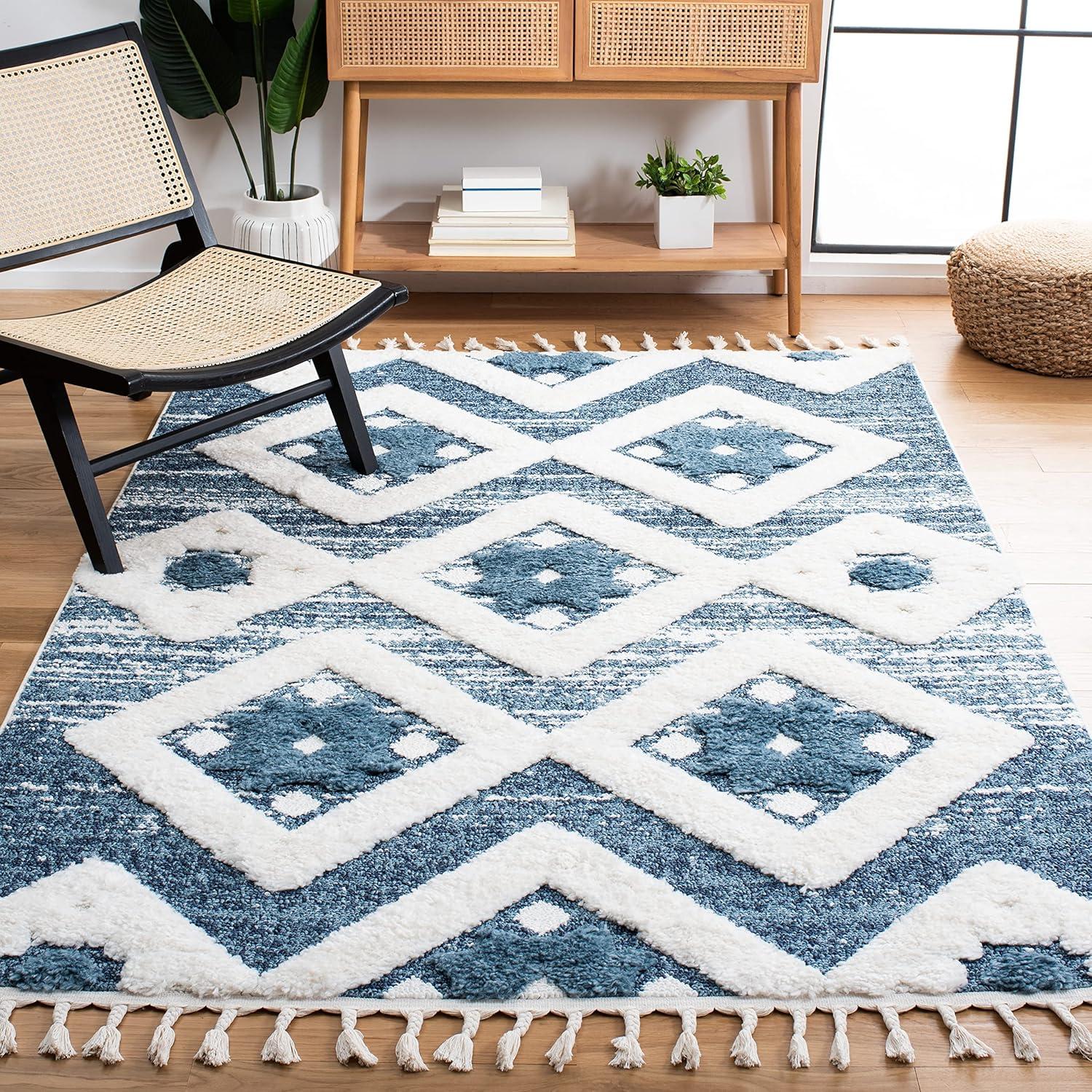 image:imageSAFAVIEH Area Rug 8x10 Moroccan Tassel Shag Collection Large Grey amp Ivory Boho Design NonShedding amp Easy Cleaning Plush Pile Ideal for Living Room Bedroom Dining Space MTS664GBlueIvory