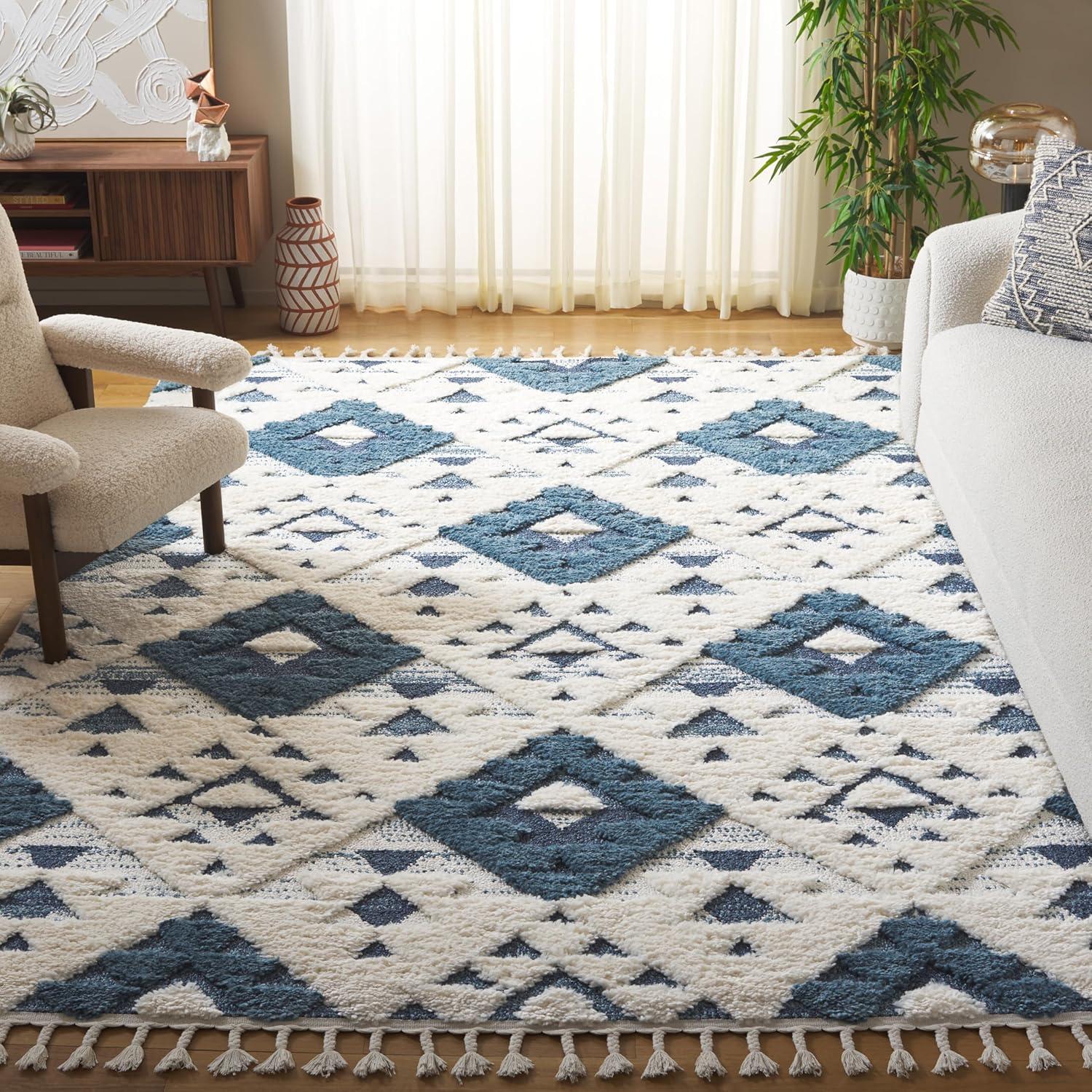 image:imageSAFAVIEH Area Rug 8x10 Moroccan Tassel Shag Collection Large Ivory amp Brown NonShedding amp Easy to Clean Plush HighLow Texture Ideal for Living Room Bedroom Dining Space MTS688ABlueIvory