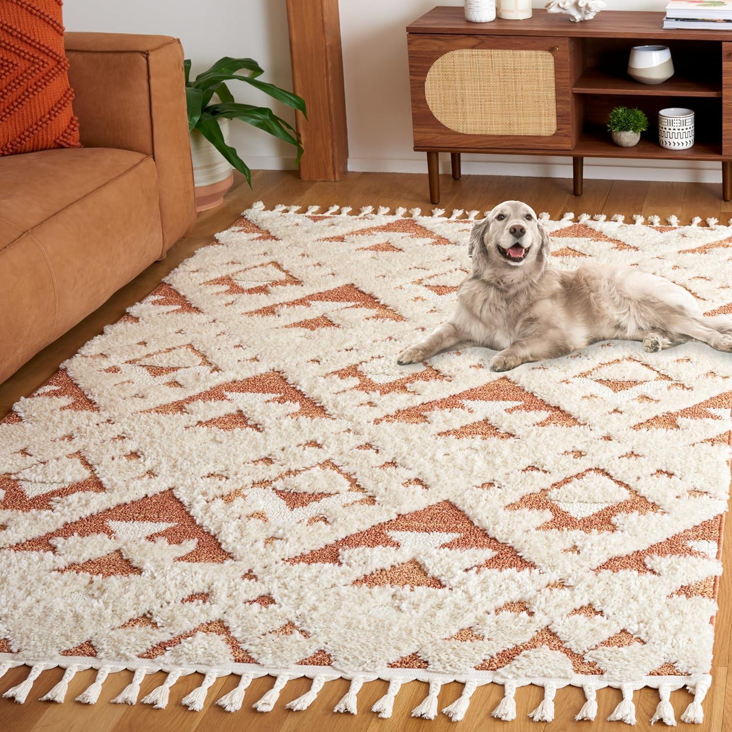 image:imageSAFAVIEH Area Rug 8x10 Moroccan Tassel Shag Collection Large Ivory amp Brown NonShedding amp Easy to Clean Plush HighLow Texture Ideal for Living Room Bedroom Dining Space MTS688AIvoryBrick Rust