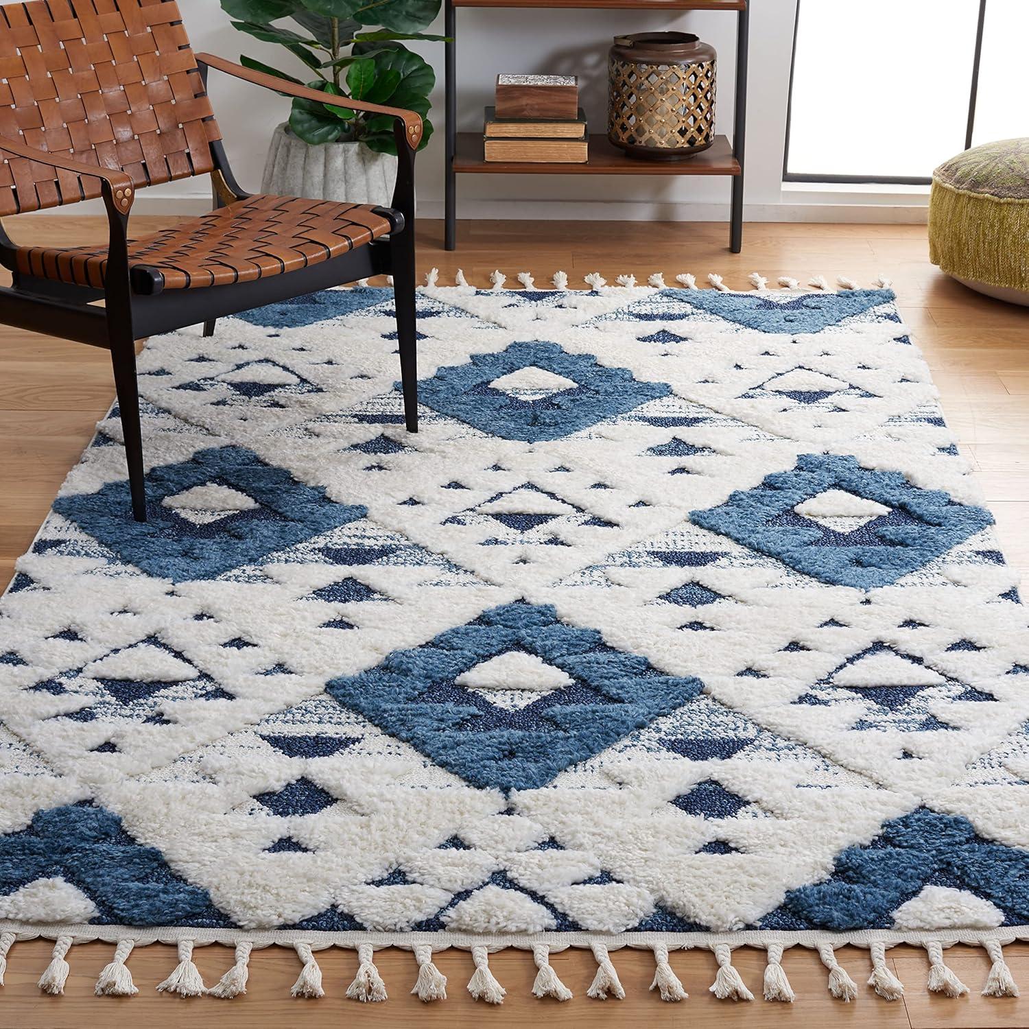 image:imageSAFAVIEH Area Rug 8x10 Moroccan Tassel Shag Collection Large Ivory amp Brown NonShedding amp Easy to Clean Plush HighLow Texture Ideal for Living Room Bedroom Dining Space MTS688ABlueIvory