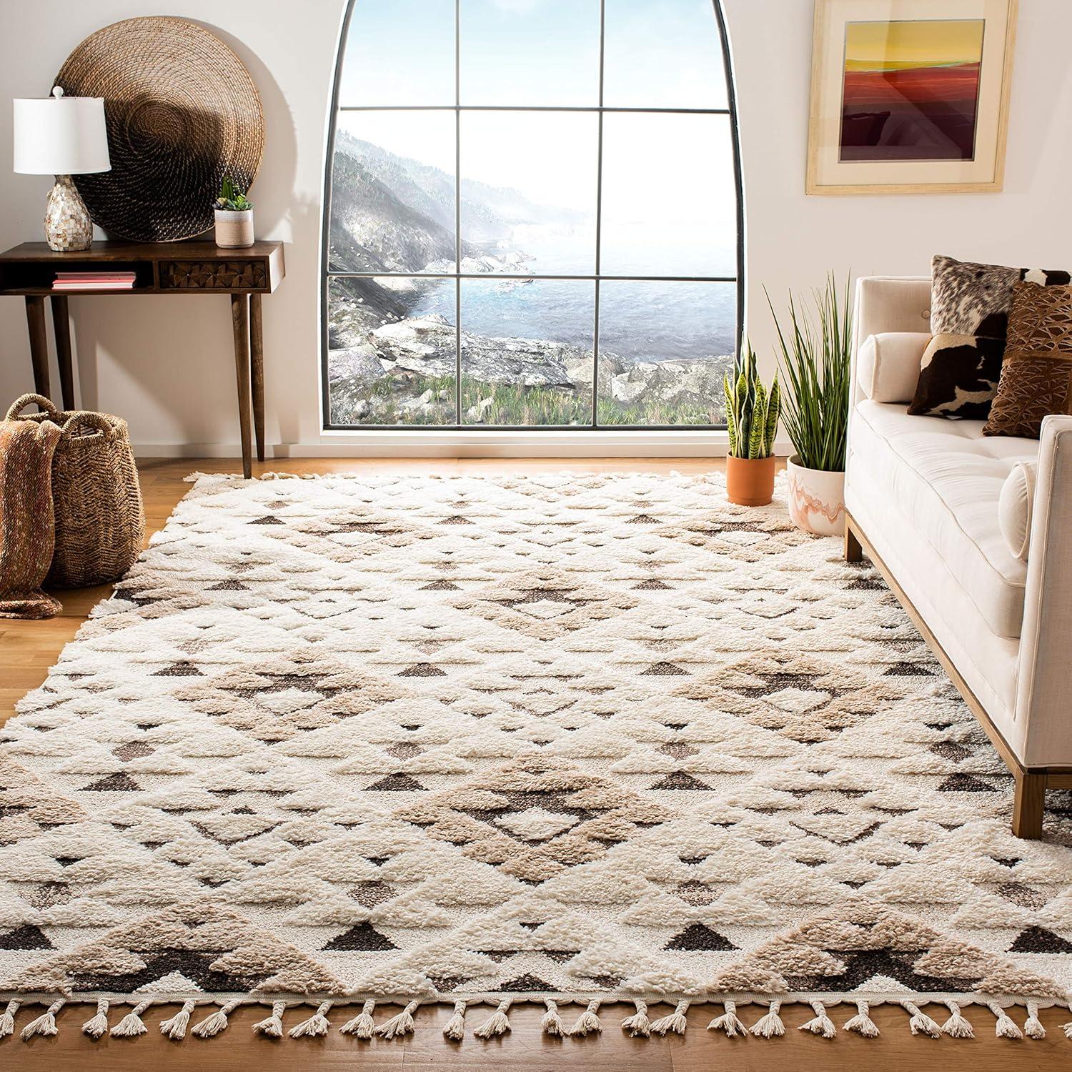 image:imageSAFAVIEH Area Rug 8x10 Moroccan Tassel Shag Collection Large Ivory amp Brown NonShedding amp Easy to Clean Plush HighLow Texture Ideal for Living Room Bedroom Dining Space MTS688AIvoryBrown