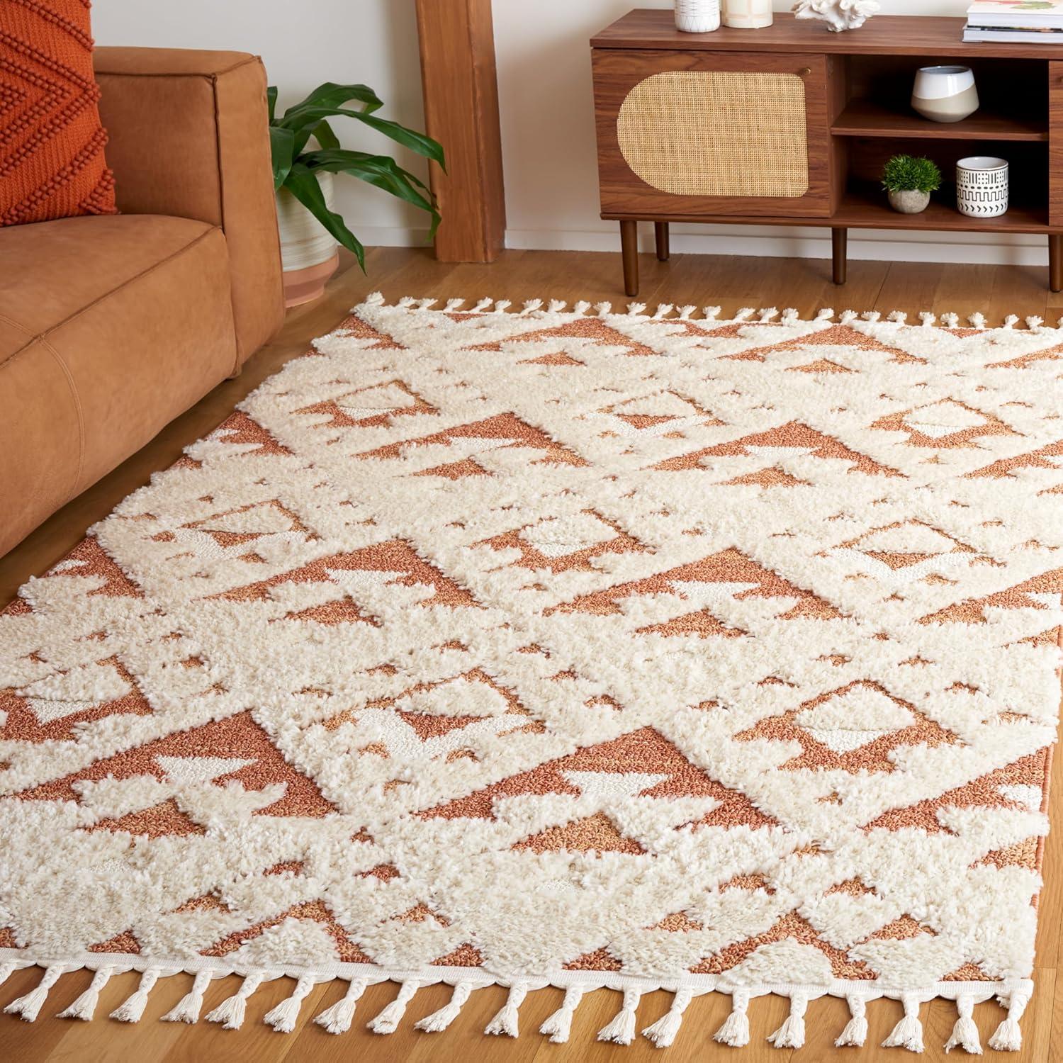 image:imageSAFAVIEH Area Rug 8x10 Moroccan Tassel Shag Collection Large Ivory amp Brown NonShedding amp Easy to Clean Plush HighLow Texture Ideal for Living Room Bedroom Dining Space MTS688AIvoryBrick Rust