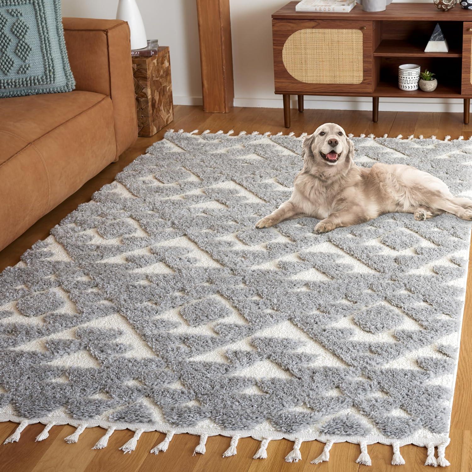 image:imageSAFAVIEH Area Rug 8x10 Moroccan Tassel Shag Collection Large Ivory amp Brown NonShedding amp Easy to Clean Plush HighLow Texture Ideal for Living Room Bedroom Dining Space MTS688AGreyIvory