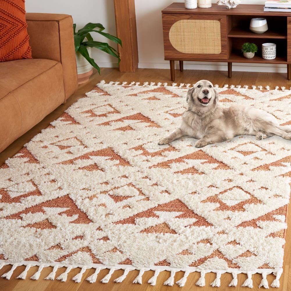 image:imageSAFAVIEH Area Rug 8x10 Moroccan Tassel Shag Collection Large Ivory amp Brown NonShedding amp Easy to Clean Plush HighLow Texture Ideal for Living Room Bedroom Dining Space MTS688AIvoryBrick Rust