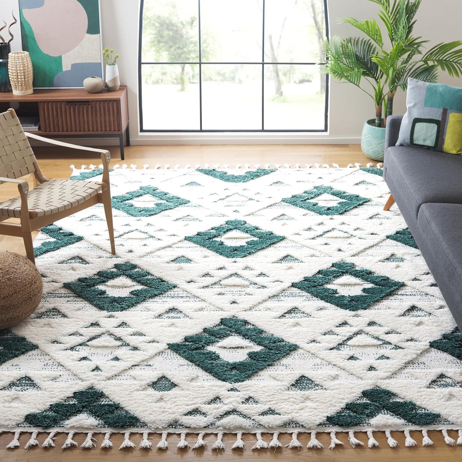 image:imageSAFAVIEH Area Rug 8x10 Moroccan Tassel Shag Collection Large Ivory amp Brown NonShedding amp Easy to Clean Plush HighLow Texture Ideal for Living Room Bedroom Dining Space MTS688AGreenIvory