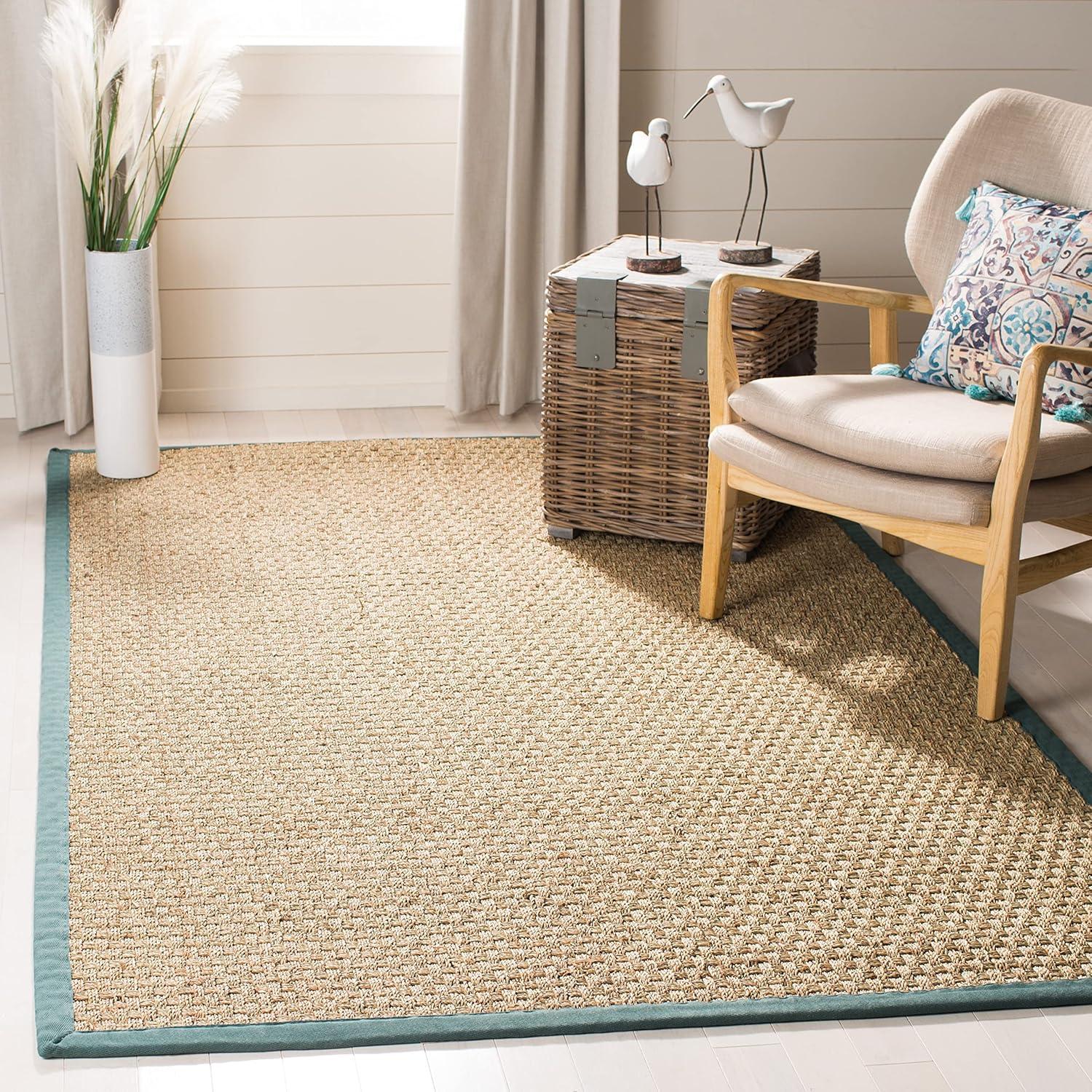 image:imageSAFAVIEH Area Rug 8x10 Natural Fiber Collection Large Natural amp Beige Seagrass Basketweave Pattern NF114ANaturalDusty Teal Blue