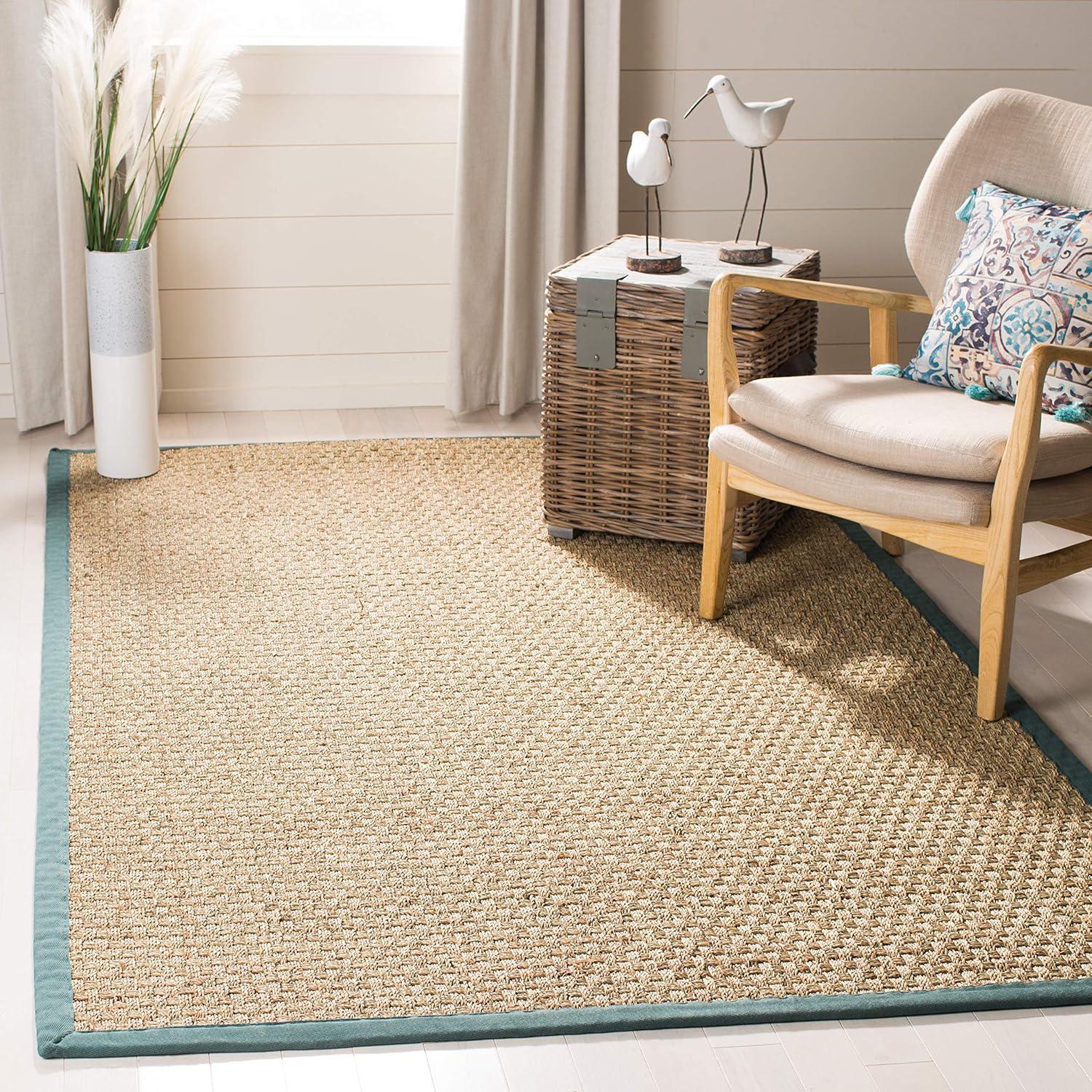 image:imageSAFAVIEH Area Rug 8x10 Natural Fiber Collection Large Natural amp Beige Seagrass Basketweave Pattern NF114ANaturalDusty Teal Blue