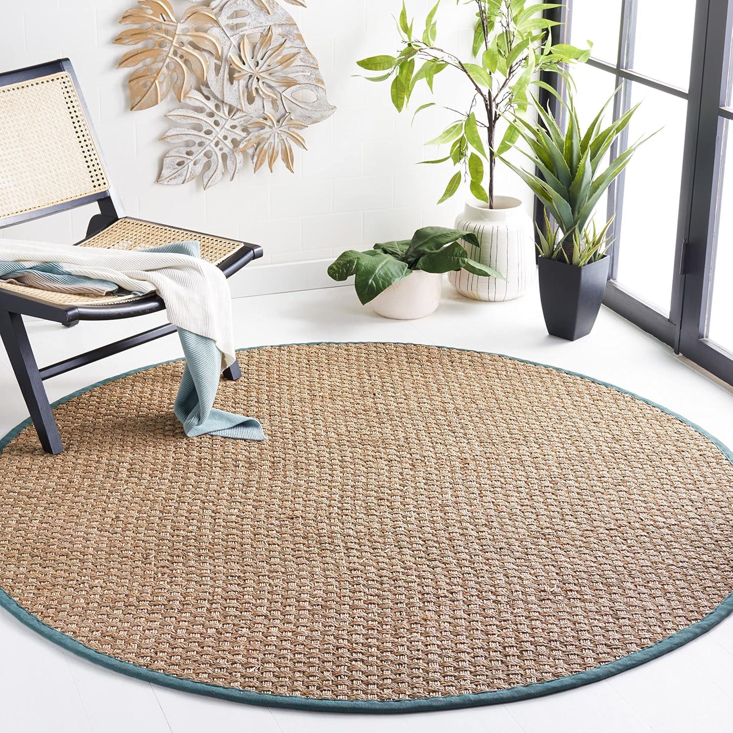 image:imageSAFAVIEH Area Rug 8x10 Natural Fiber Collection Large Natural amp Beige Seagrass Basketweave Pattern NF114ANaturalDusty Teal Blue