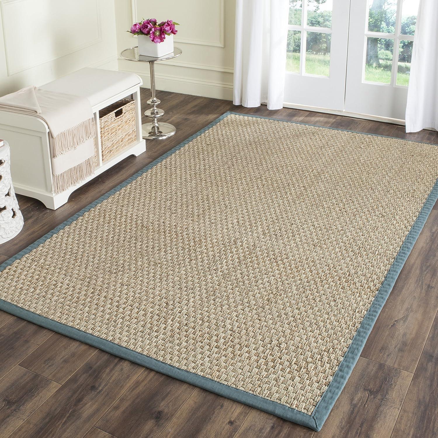 image:imageSAFAVIEH Area Rug 8x10 Natural Fiber Collection Large Natural amp Beige Seagrass Basketweave Pattern NF114ANaturalDusty Teal Blue