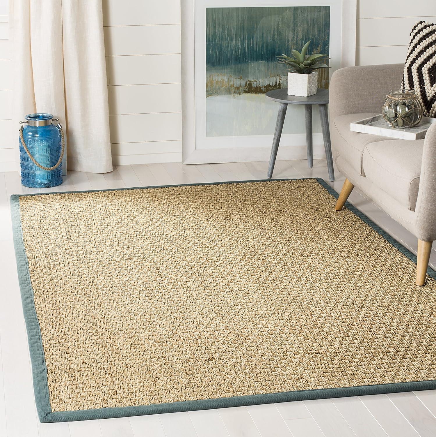 image:imageSAFAVIEH Area Rug 8x10 Natural Fiber Collection Large Natural amp Beige Seagrass Basketweave Pattern NF114ANaturalDusty Teal Blue