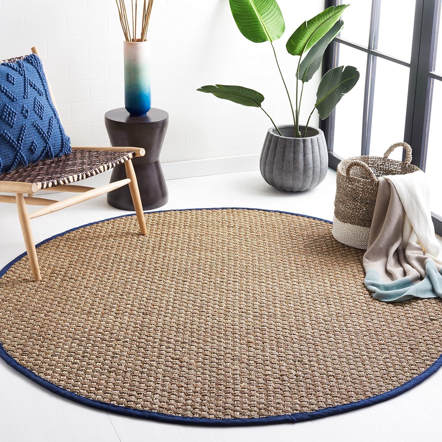 image:imageSAFAVIEH Area Rug 8x10 Natural Fiber Collection Large Natural amp Beige Seagrass Basketweave Pattern NF114ANaturalNavy Blue