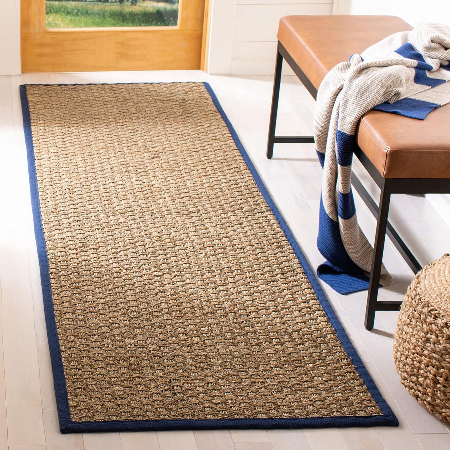 image:imageSAFAVIEH Area Rug 8x10 Natural Fiber Collection Large Natural amp Beige Seagrass Basketweave Pattern NF114ANaturalNavy Blue