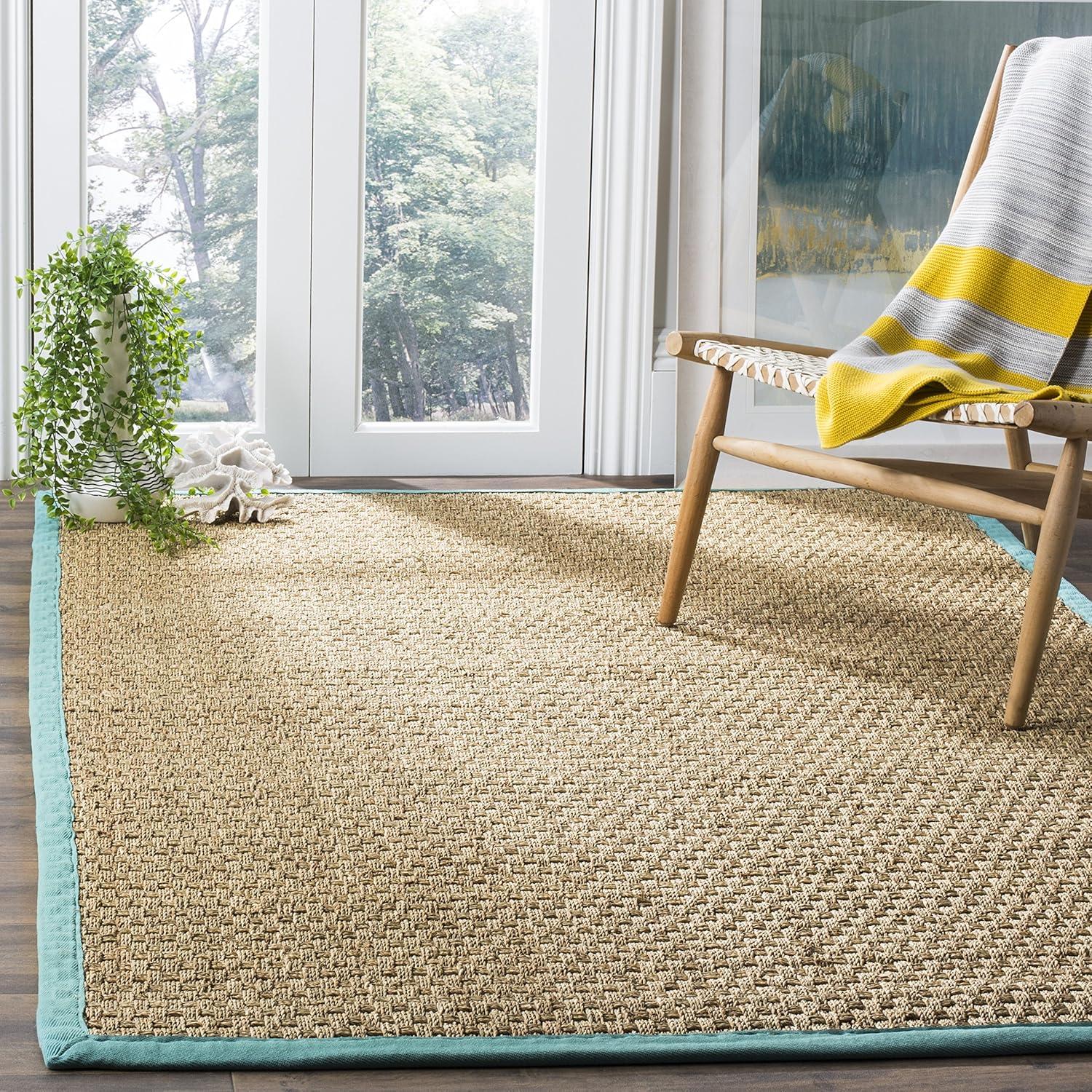 image:imageSAFAVIEH Area Rug 8x10 Natural Fiber Collection Large Natural amp Beige Seagrass Basketweave Pattern NF114ANaturalTeal