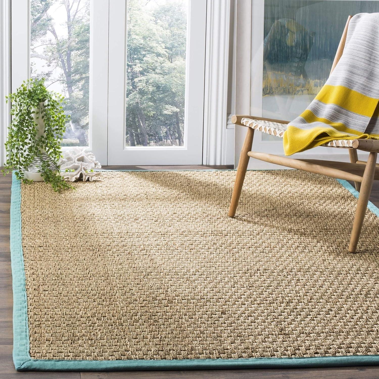 image:imageSAFAVIEH Area Rug 8x10 Natural Fiber Collection Large Natural amp Beige Seagrass Basketweave Pattern NF114ANaturalTeal