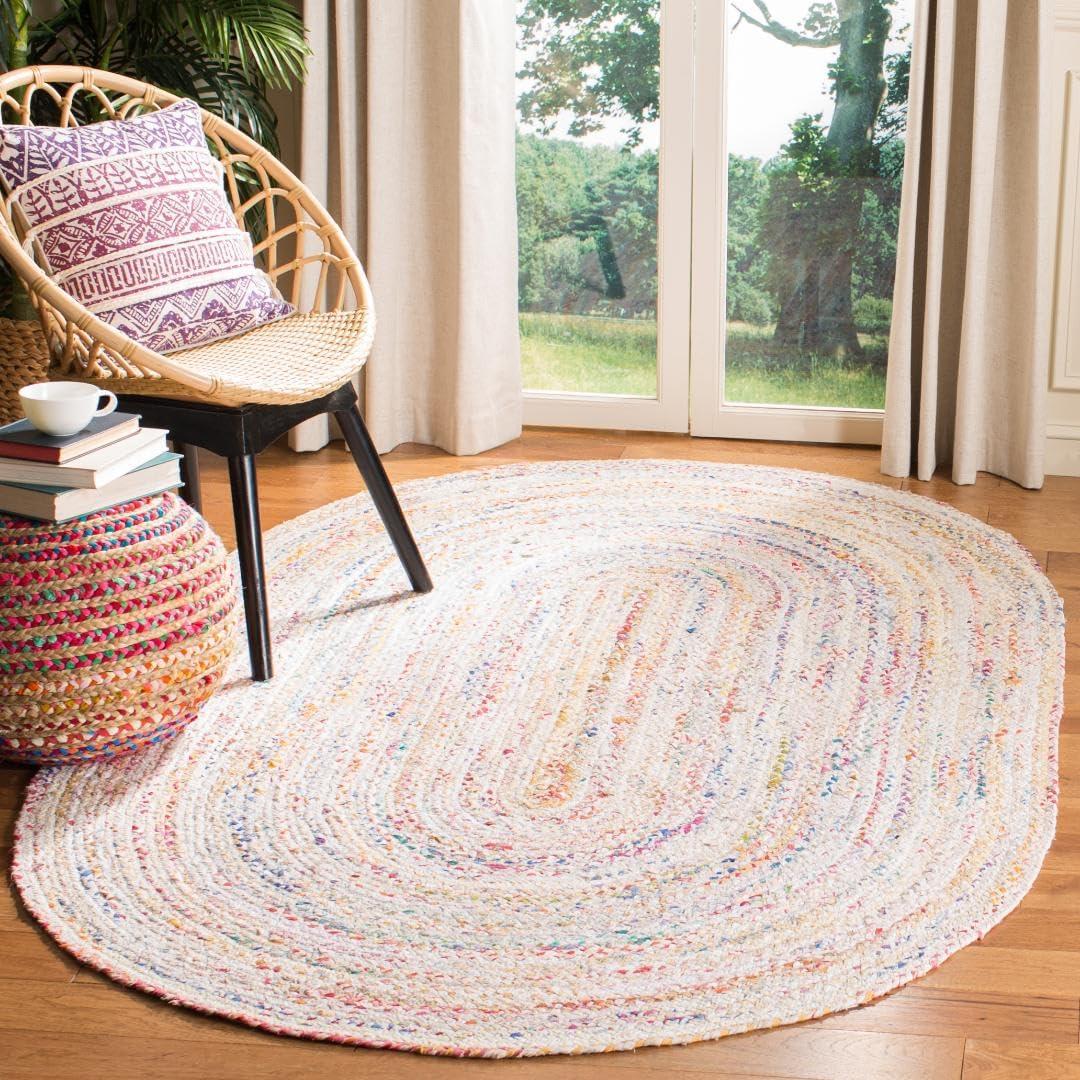 image:imageSAFAVIEH Braided Collection Accent Rug 3 x 5 Red amp Multi Handmade Woven Cotton Boho Reversible Style Ideal for Living Room Bedroom BRD210AIvoryMulti