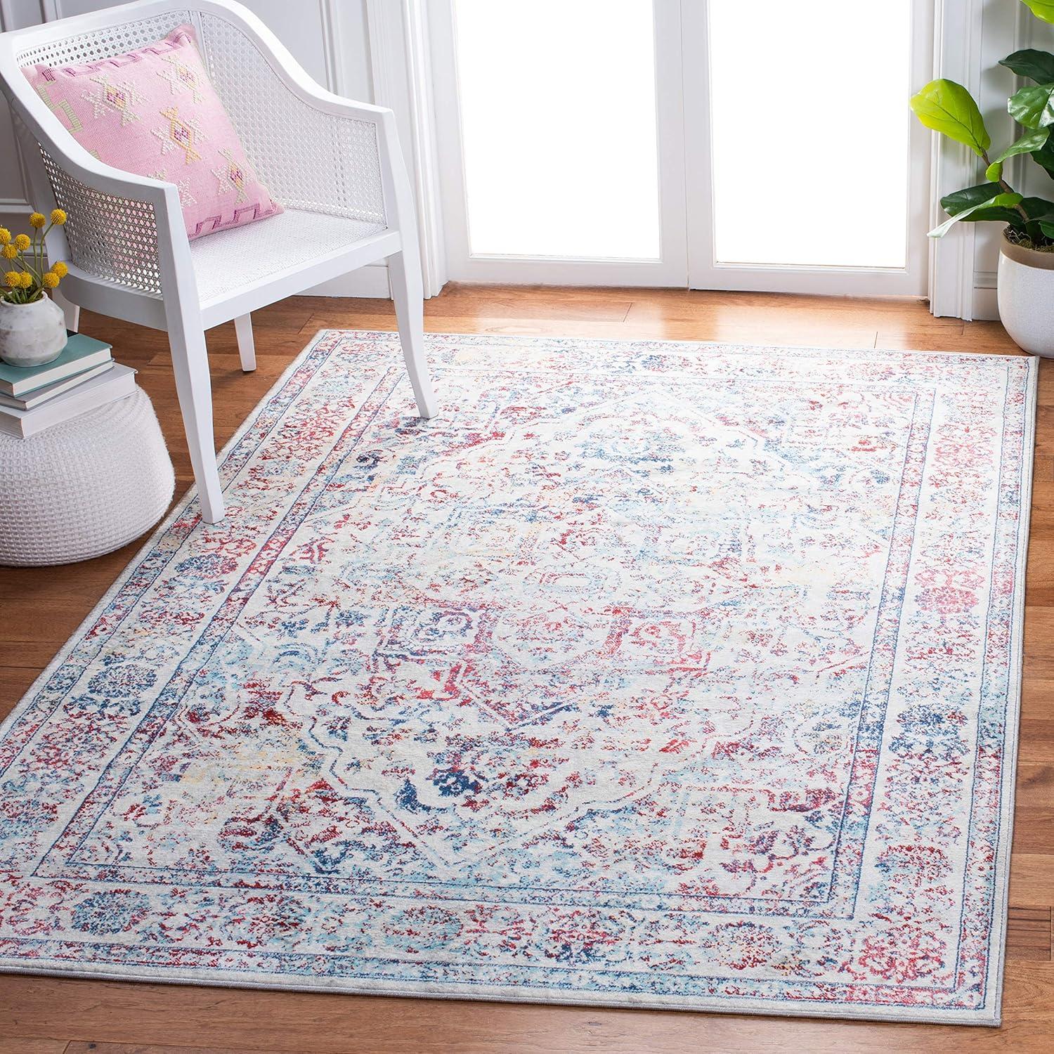 image:imageSAFAVIEH Brentwood Collection Area Rug 8 x 10 Navy amp Light Grey Medallion Distressed Design NonShedding amp Easy Care Ideal for High Traffic Areas in Living Room Bedroom BNT832MIvoryBlue