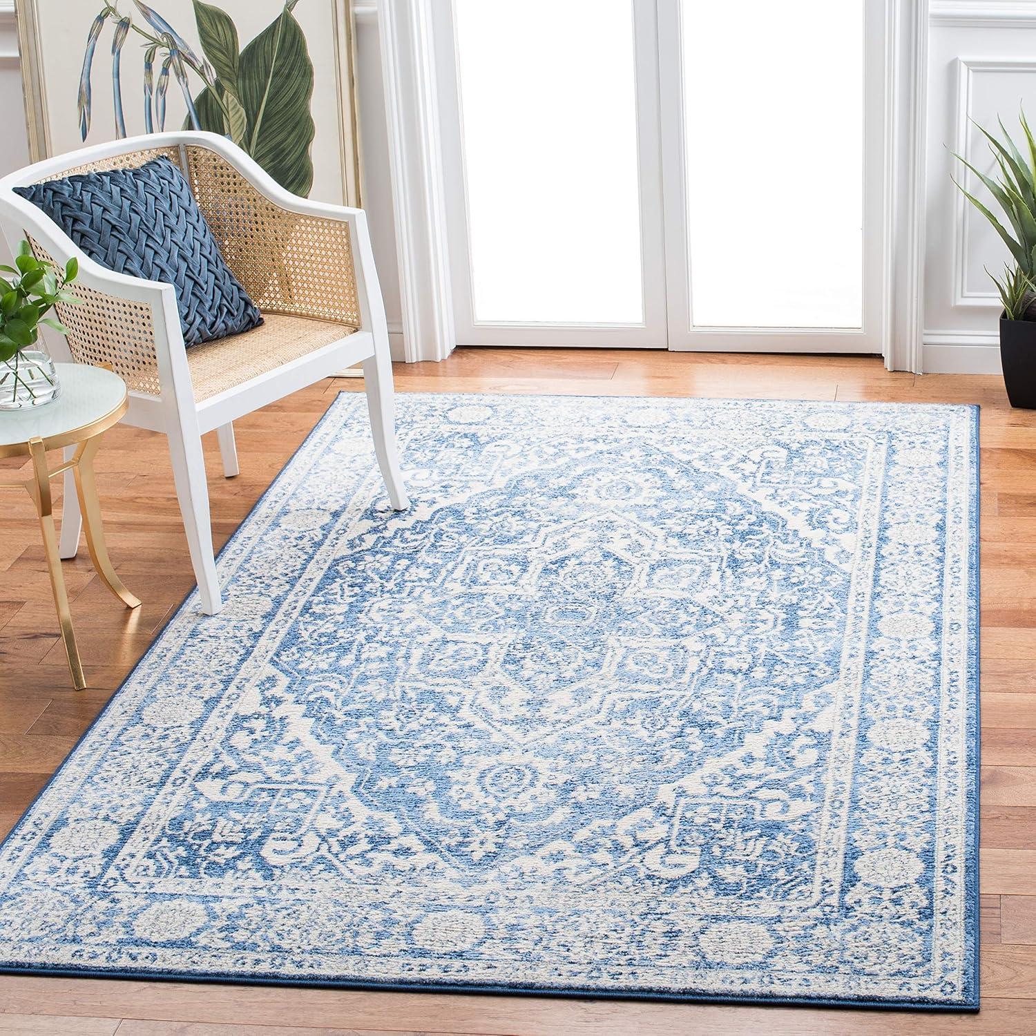 image:imageSAFAVIEH Brentwood Collection Area Rug 8 x 10 Navy amp Light Grey Medallion Distressed Design NonShedding amp Easy Care Ideal for High Traffic Areas in Living Room Bedroom BNT832MIvoryNavy