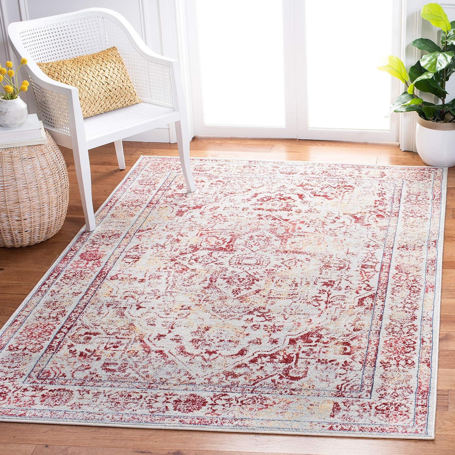 image:imageSAFAVIEH Brentwood Collection Area Rug 8 x 10 Navy amp Light Grey Medallion Distressed Design NonShedding amp Easy Care Ideal for High Traffic Areas in Living Room Bedroom BNT832MIvoryRed