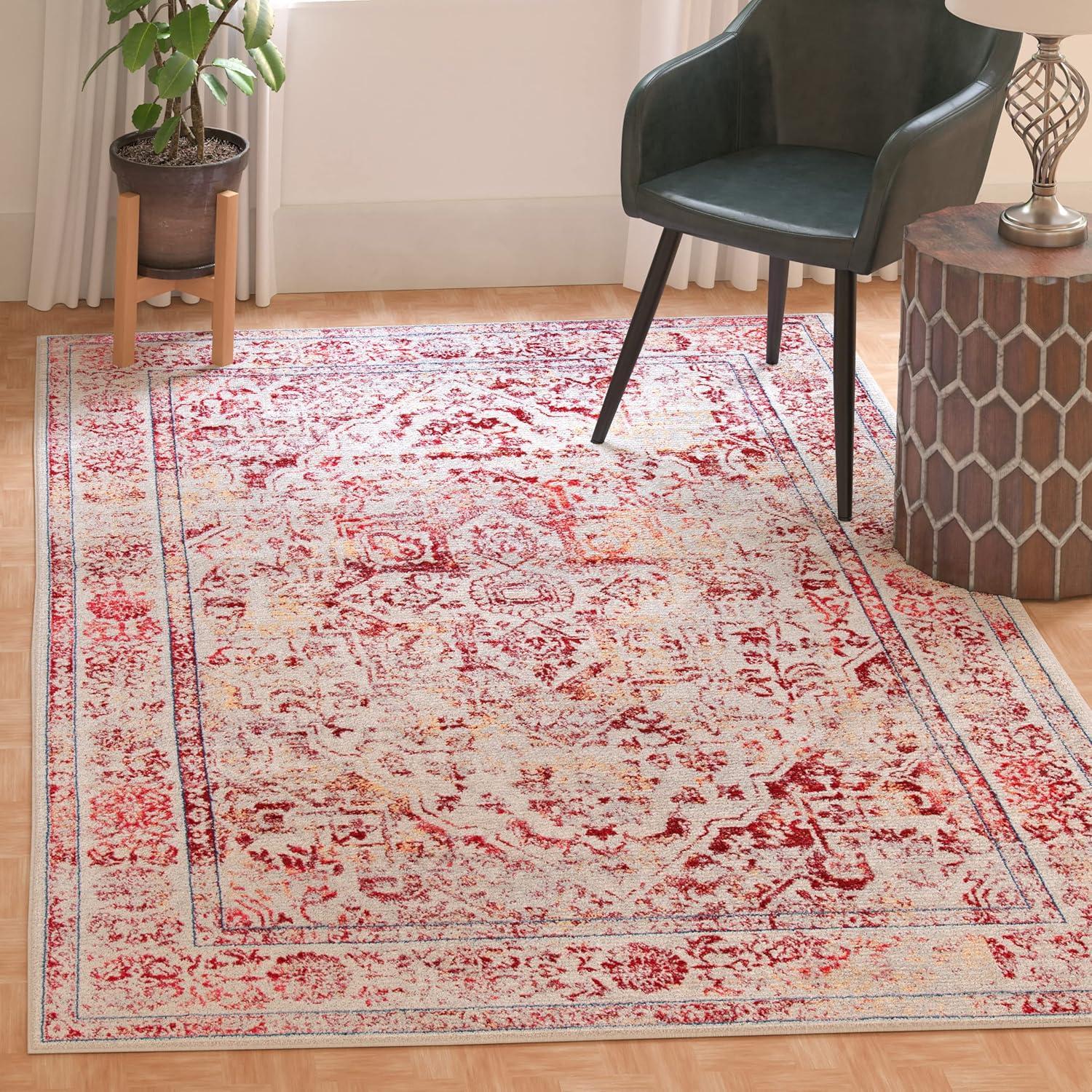 image:imageSAFAVIEH Brentwood Collection Area Rug 8 x 10 Navy amp Light Grey Medallion Distressed Design NonShedding amp Easy Care Ideal for High Traffic Areas in Living Room Bedroom BNT832MIvoryRed