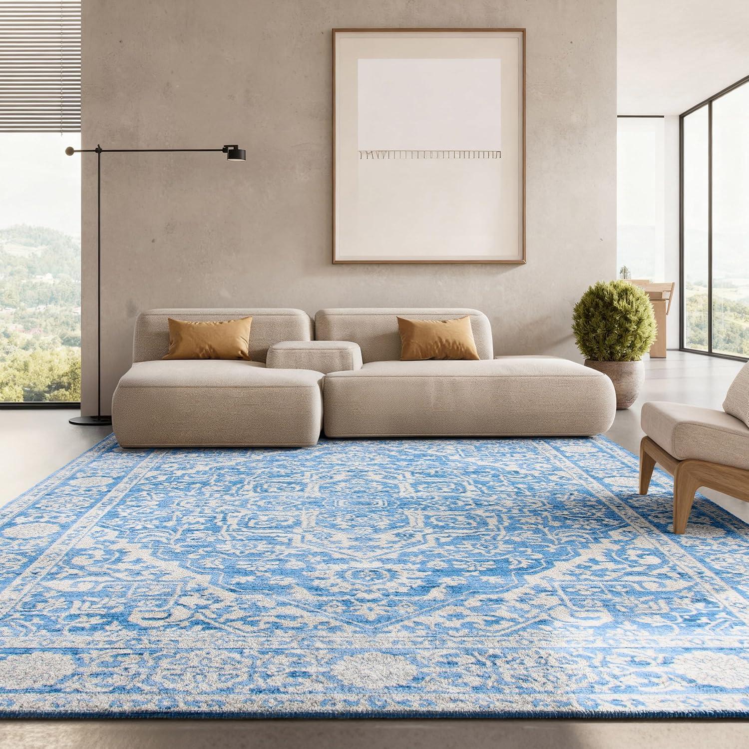 image:imageSAFAVIEH Brentwood Collection Area Rug 8 x 10 Navy amp Light Grey Medallion Distressed Design NonShedding amp Easy Care Ideal for High Traffic Areas in Living Room Bedroom BNT832MIvoryNavy