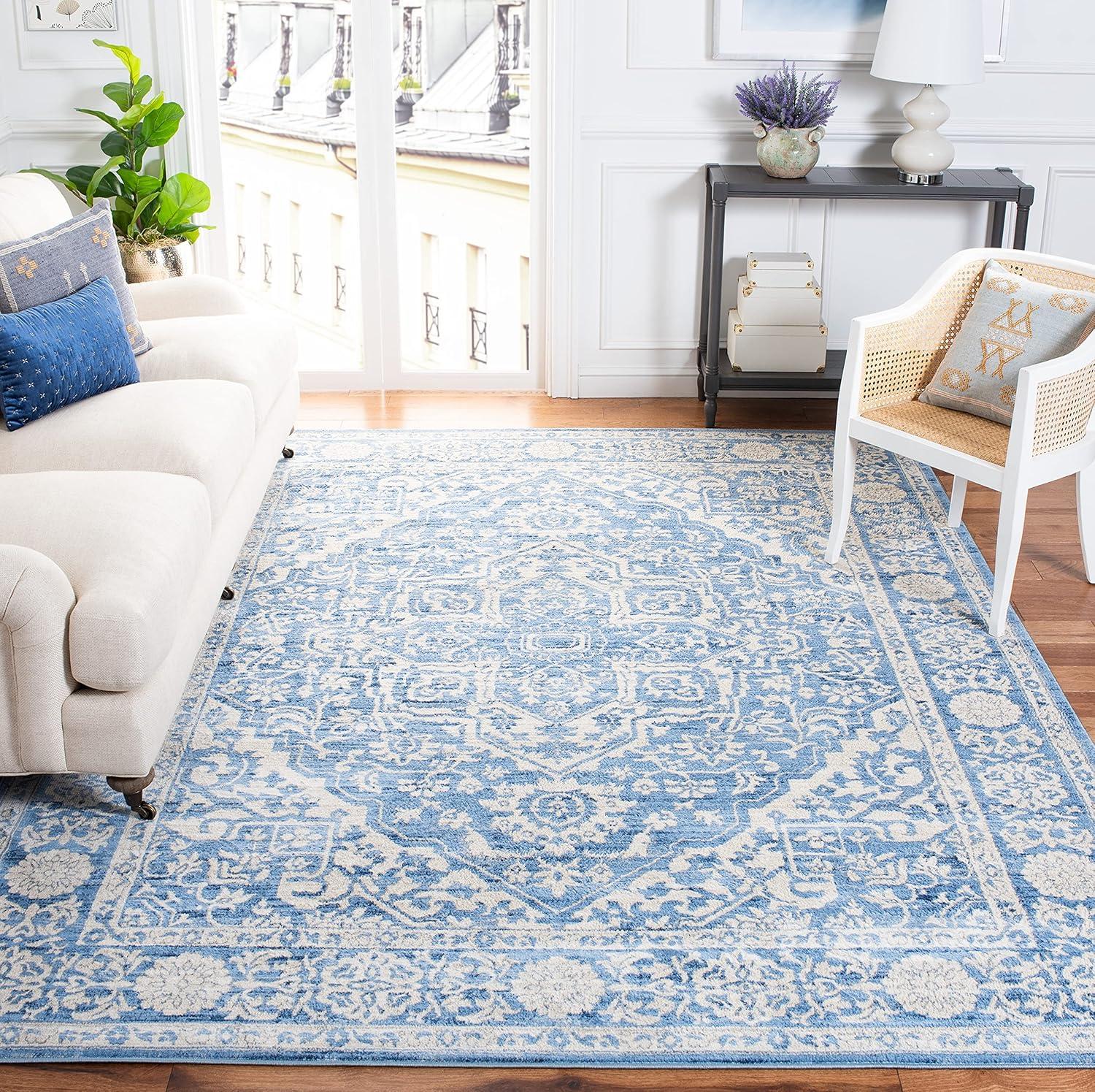 image:imageSAFAVIEH Brentwood Collection Area Rug 8 x 10 Navy amp Light Grey Medallion Distressed Design NonShedding amp Easy Care Ideal for High Traffic Areas in Living Room Bedroom BNT832MIvoryNavy